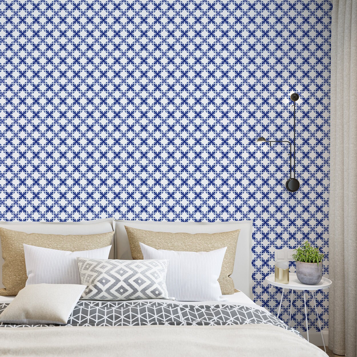 Prosperity Coastal/Farmhouse Peel and Stick Wallpaper - Blue Geometric Argyle - Water-Resistant Embossed Vinyl Canvas