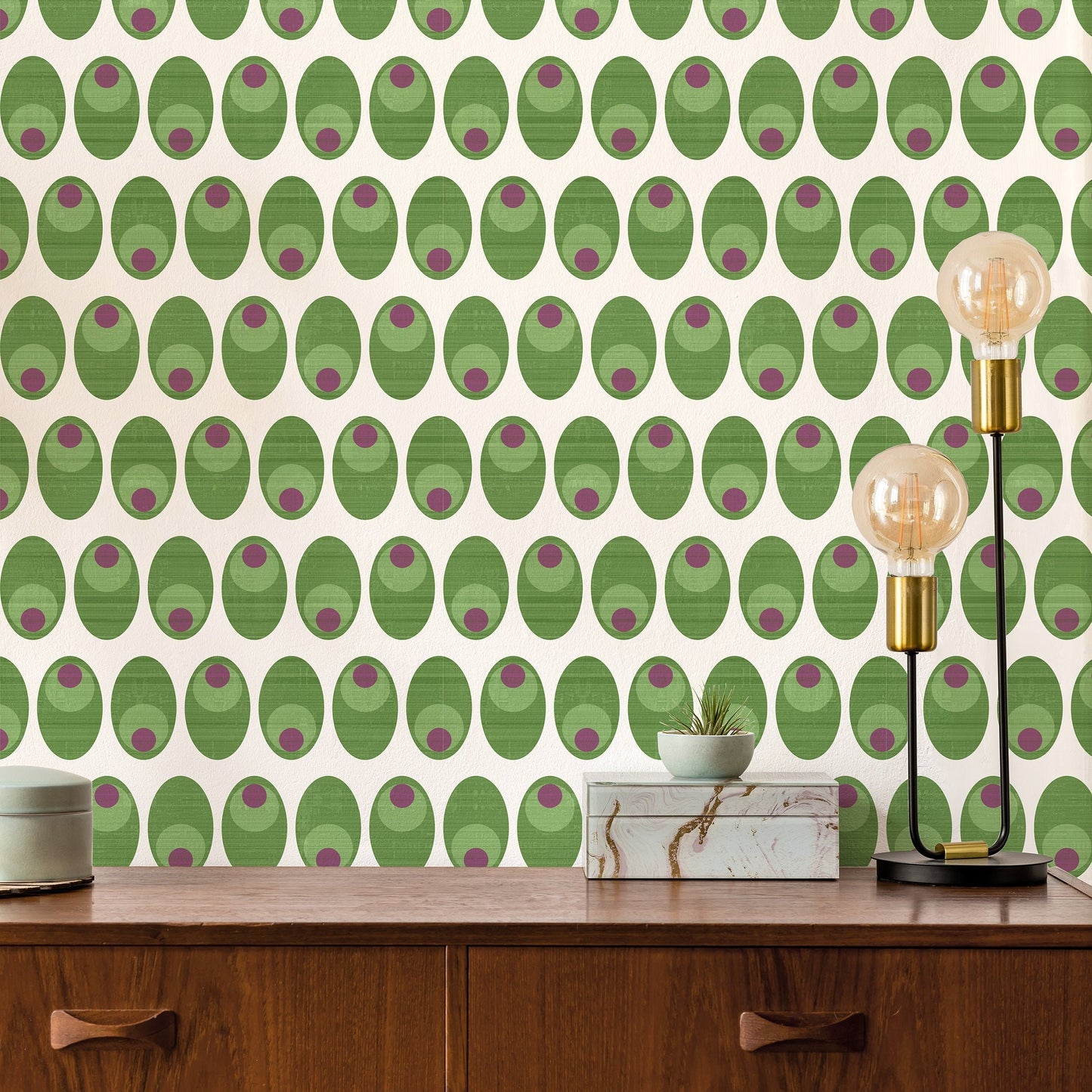 Olive You Mid-Century Peel and Stick Wallpaper - Green Geometric Novelty - Water-Resistant Embossed Vinyl Canvas