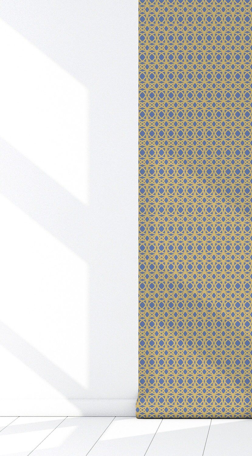 Marrakesh Vinyl Canvas Wallpaper - Navy, Gold Mid-Century Modern Glam - Removable Reusable Peel & Stick Wallpaper Panel
