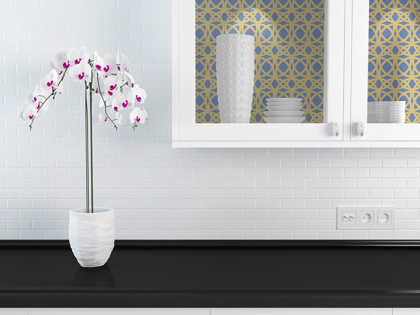 Marrakesh Vinyl Canvas Wallpaper - Navy, Gold Mid-Century Modern Glam - Removable Reusable Peel & Stick Wallpaper Panel