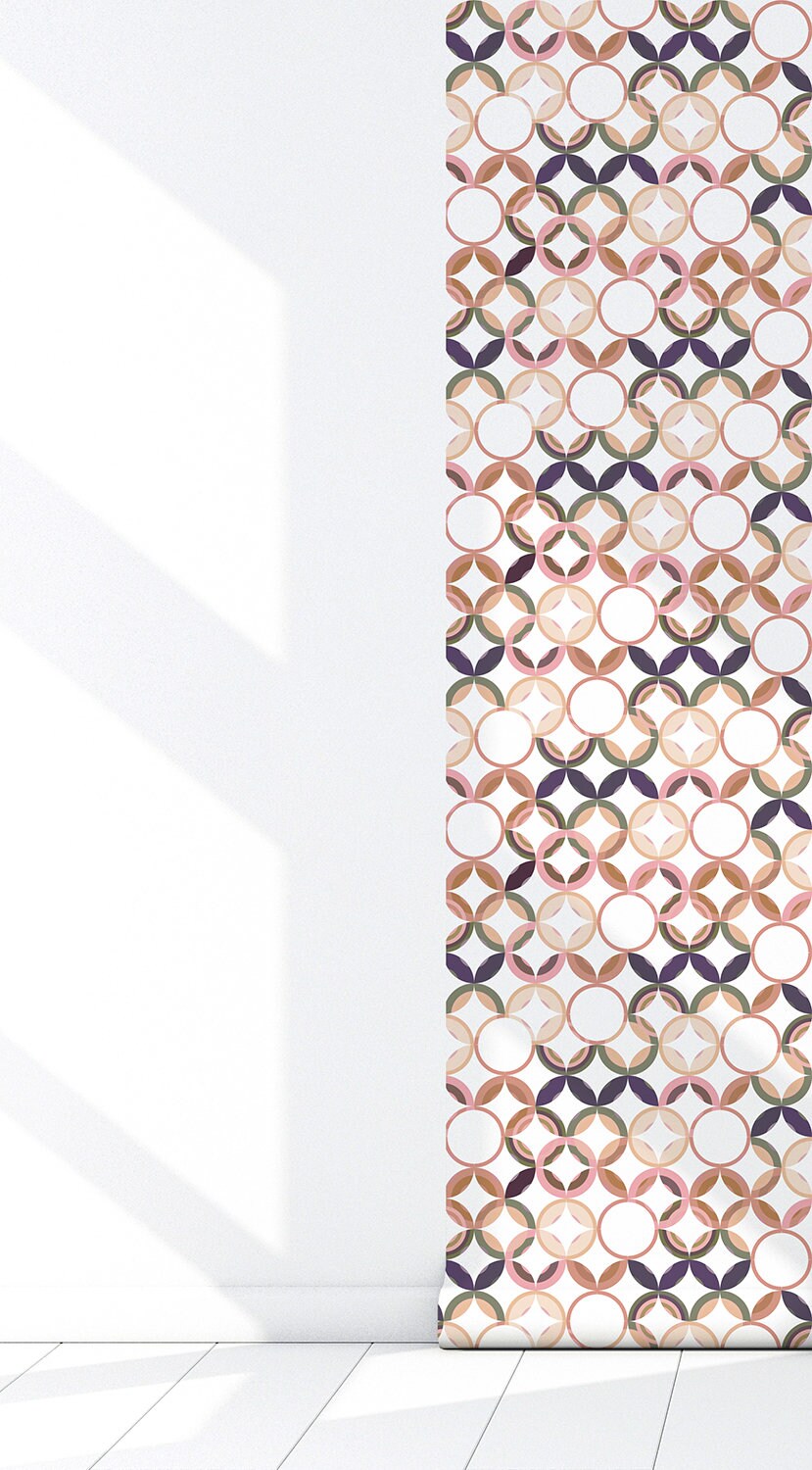 Rose Garden Mid-Century Peel and Stick Wallpaper - Pink, Purple, Green Geometric - Water-Resistant Embossed Vinyl Canvas
