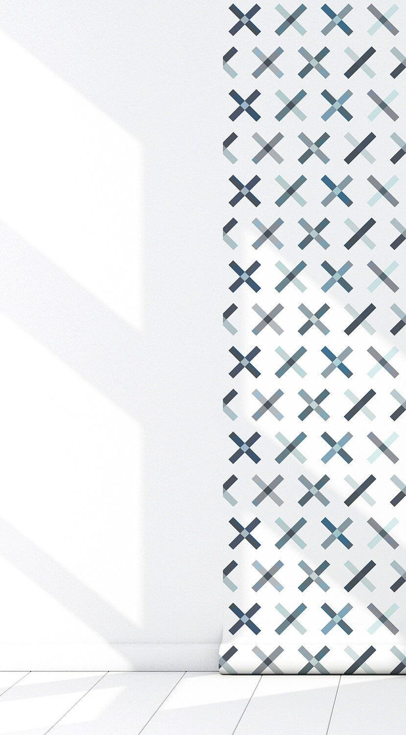 Dot Your I's Mid-Century Peel and Stick Wallpaper - Blue, Gray Geometric - Water-Resistant Embossed Vinyl Canvas