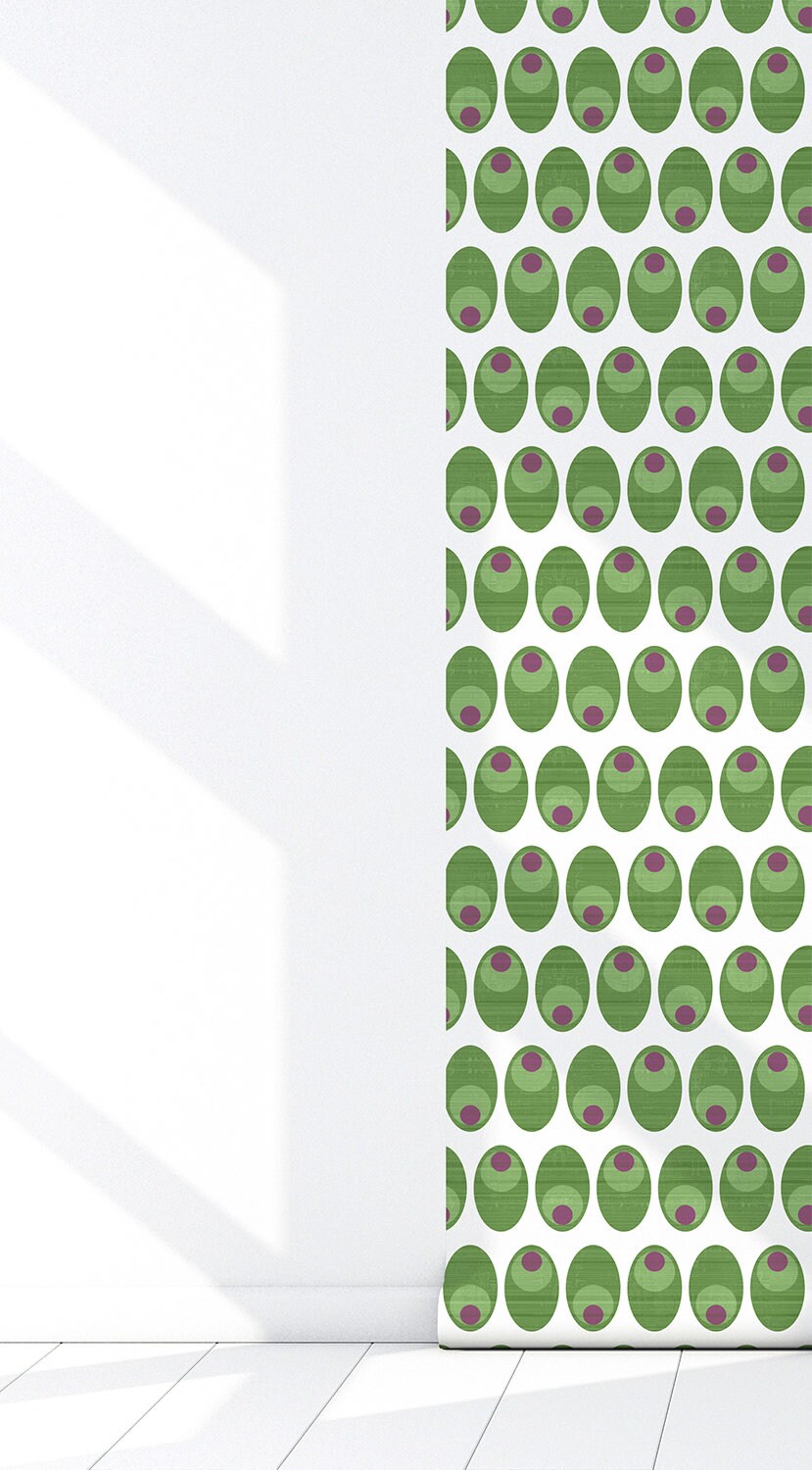 Olive You Mid-Century Peel and Stick Wallpaper - Green Geometric Novelty - Water-Resistant Embossed Vinyl Canvas