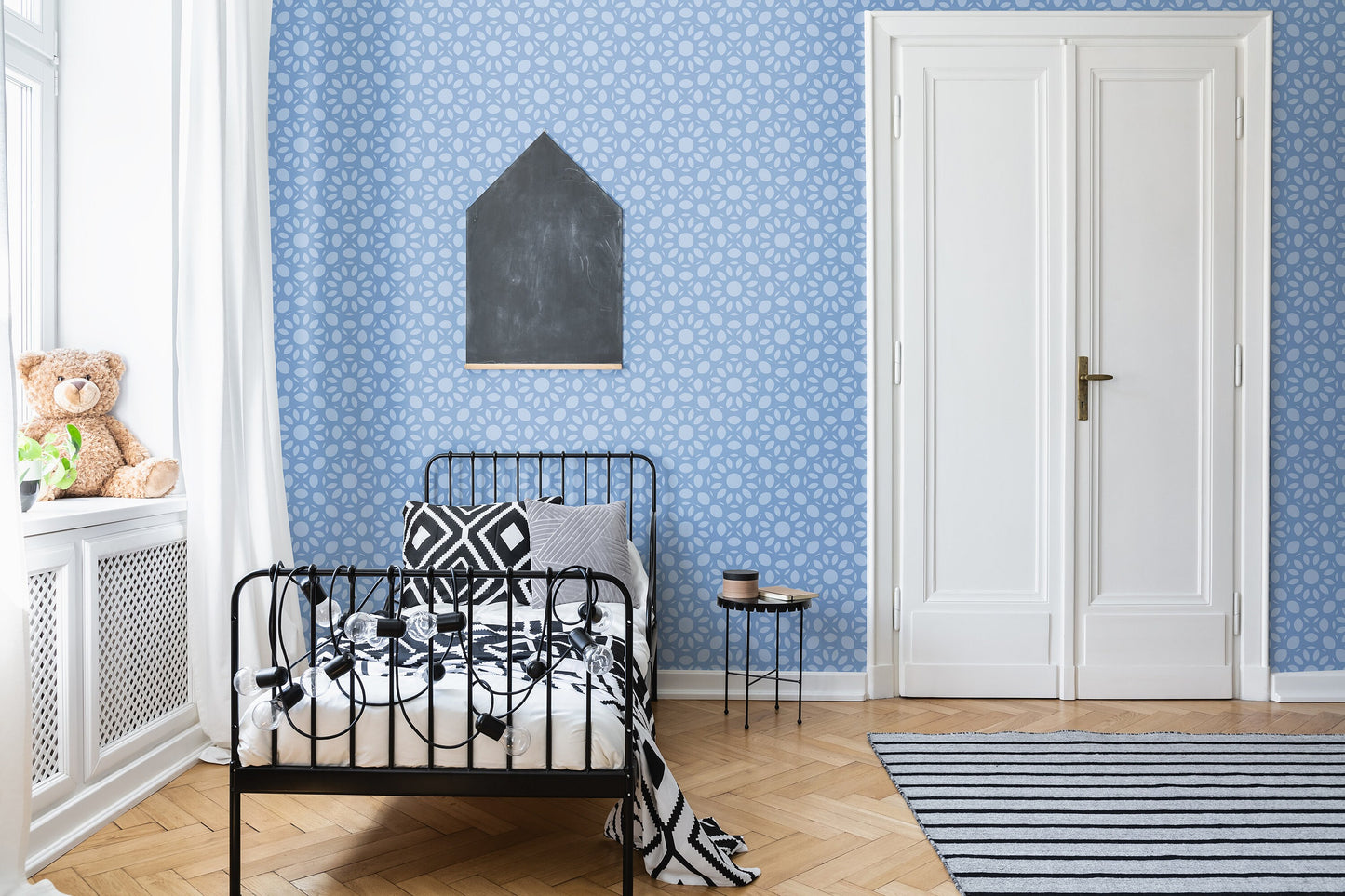 Dahlia in Blue Vinyl Canvas Wallpaper - Modern Farmhouse Blue Mosaic - Removable Reusable Peel & Stick Wallpaper Panel