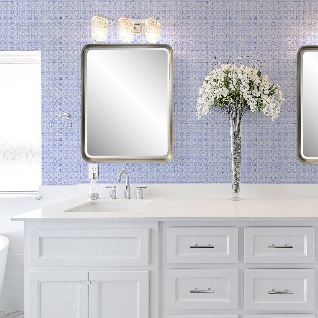 Petals French Country Peel and Stick Wallpaper - Blue, Lavender Floral - Water-Resistant Embossed Vinyl Canvas