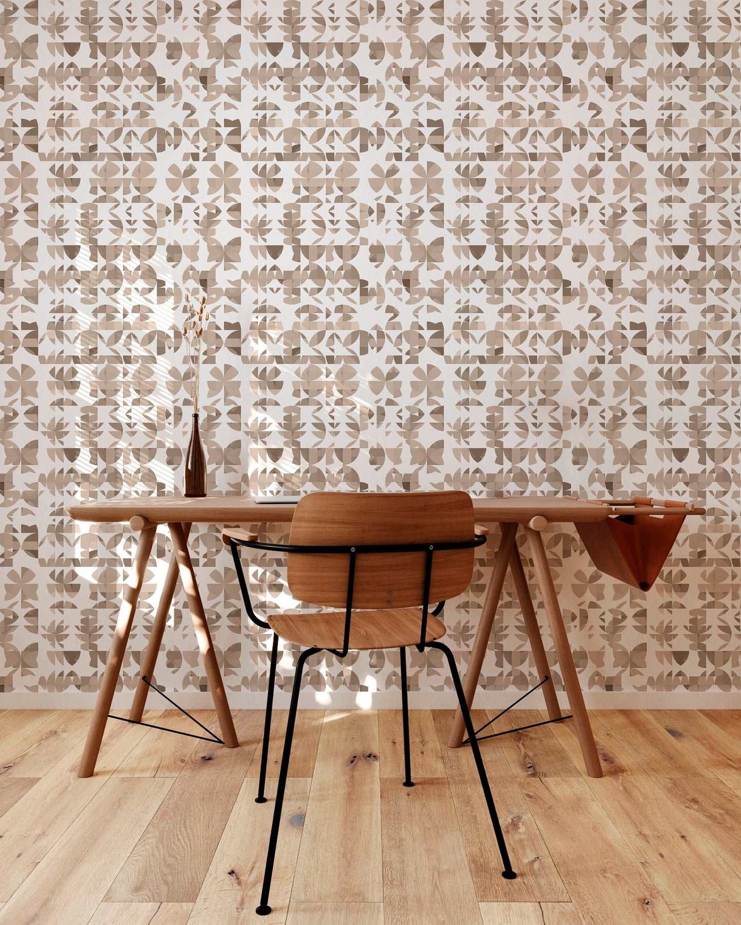Succulent Boho/Farmhouse Peel and Stick Wallpaper - Brown Geometric - Water-Resistant Embossed Vinyl Canvas