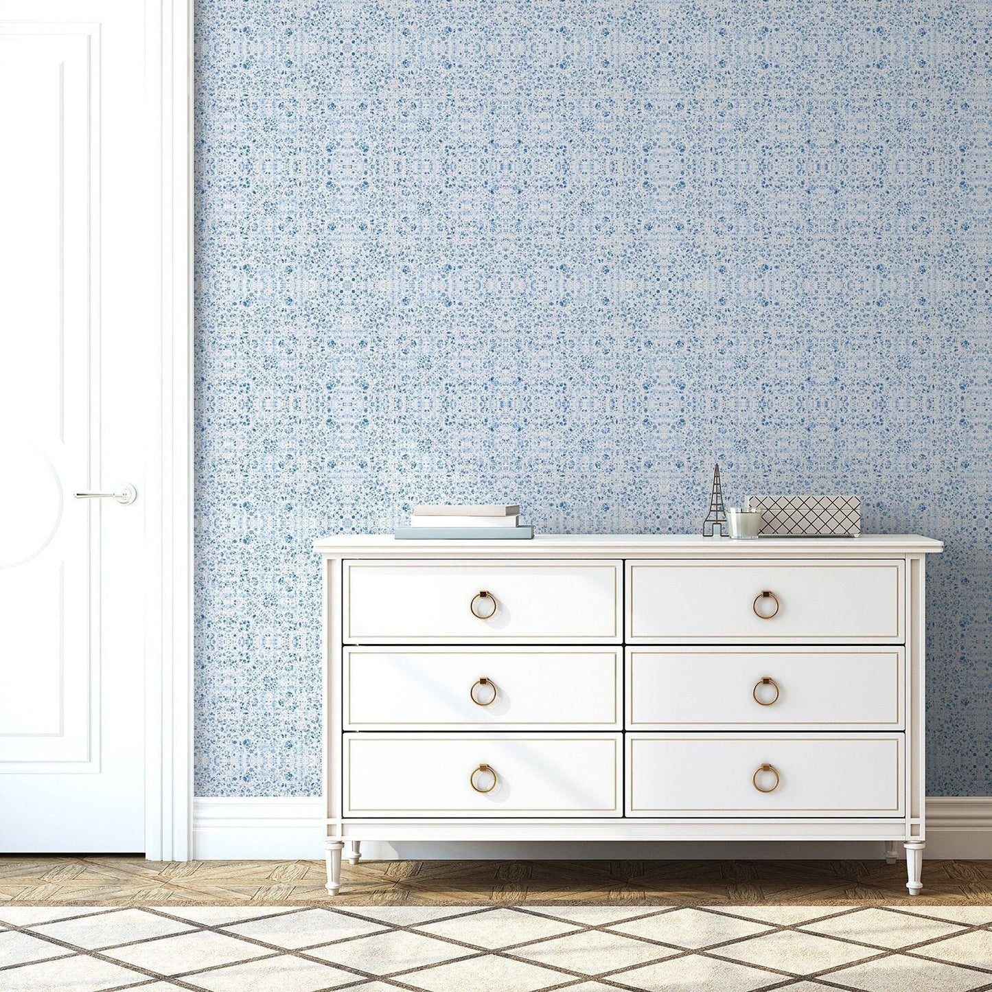Poppies Blue Vinyl Canvas Wallpaper - French Country Floral Design - Removable Reusable Peel & Stick Wallpaper Panel