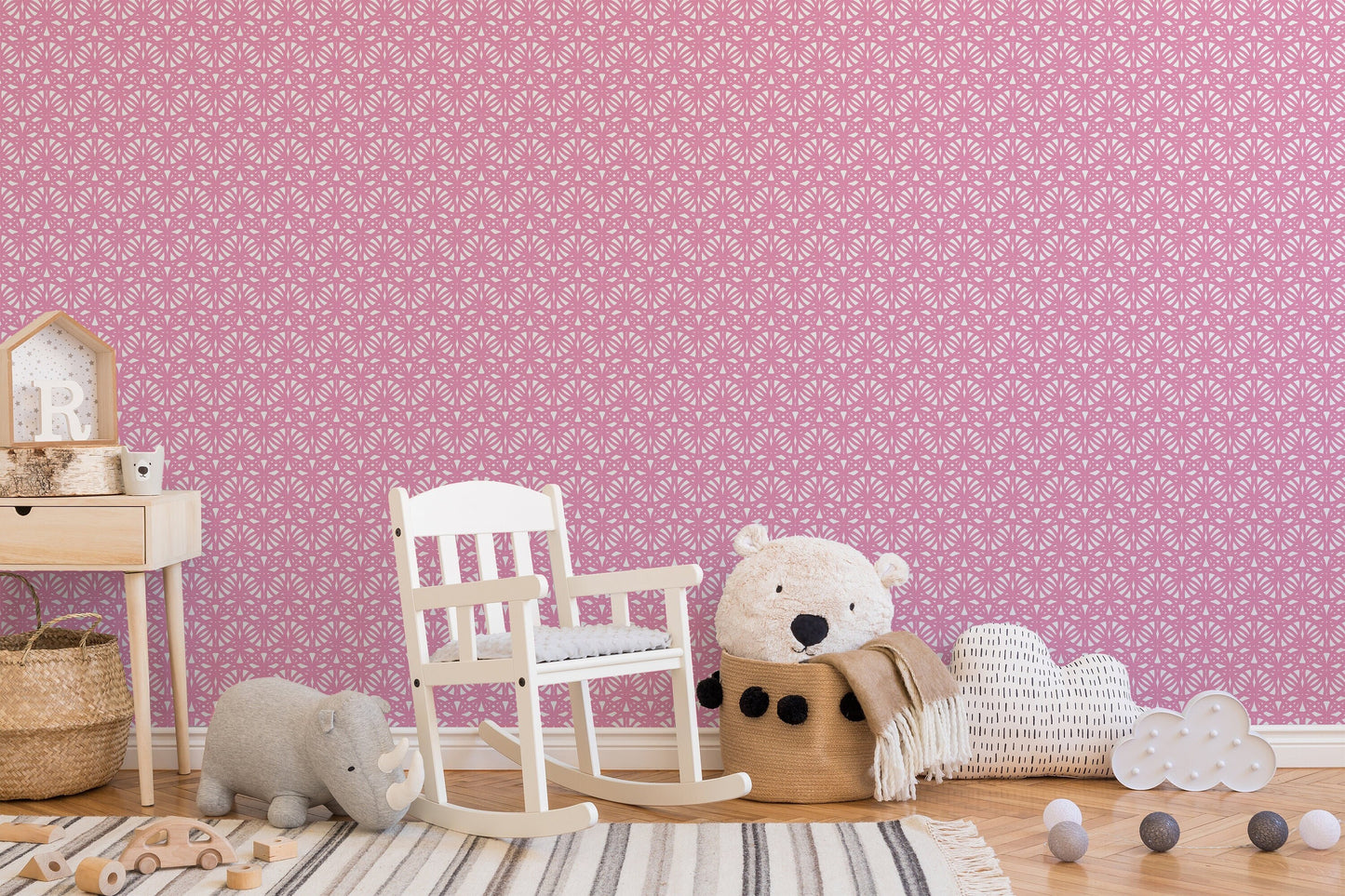 Morocco Boho Glam Peel and Stick Wallpaper - Pink Lattice Medallion - Water-Resistant Embossed Vinyl Canvas