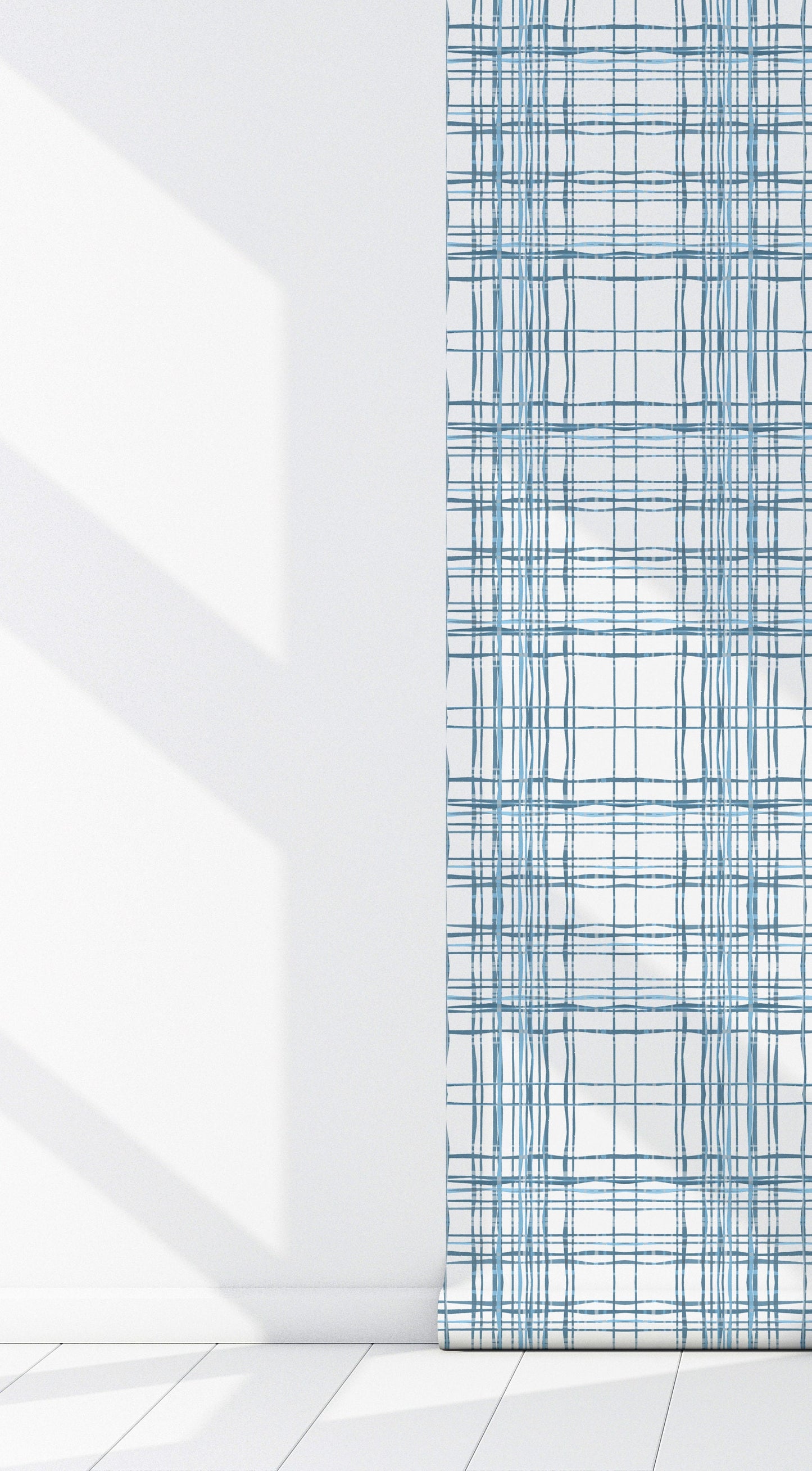 Organic Plaid Blue Vinyl Canvas Wallpaper - Modern Farmhouse Plaid - Removable Water-Resistant Peel & Stick Wallpaper Panel