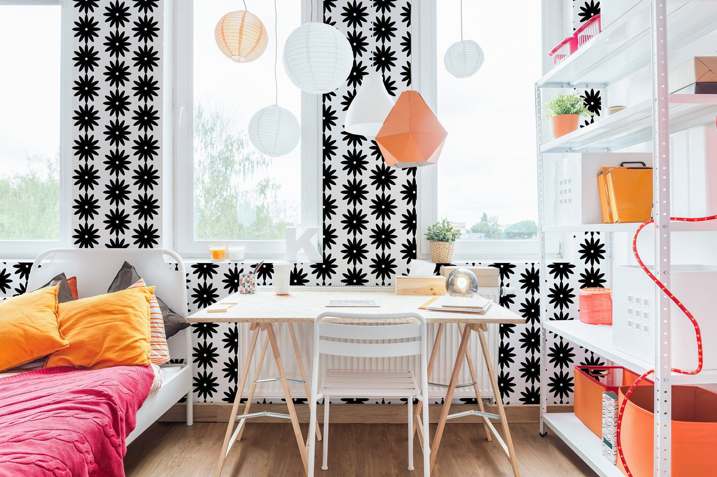 Daisies Modern Farmhouse Peel and Stick Wallpaper - Black Geometric Floral - Water-Resistant Embossed Vinyl Canvas