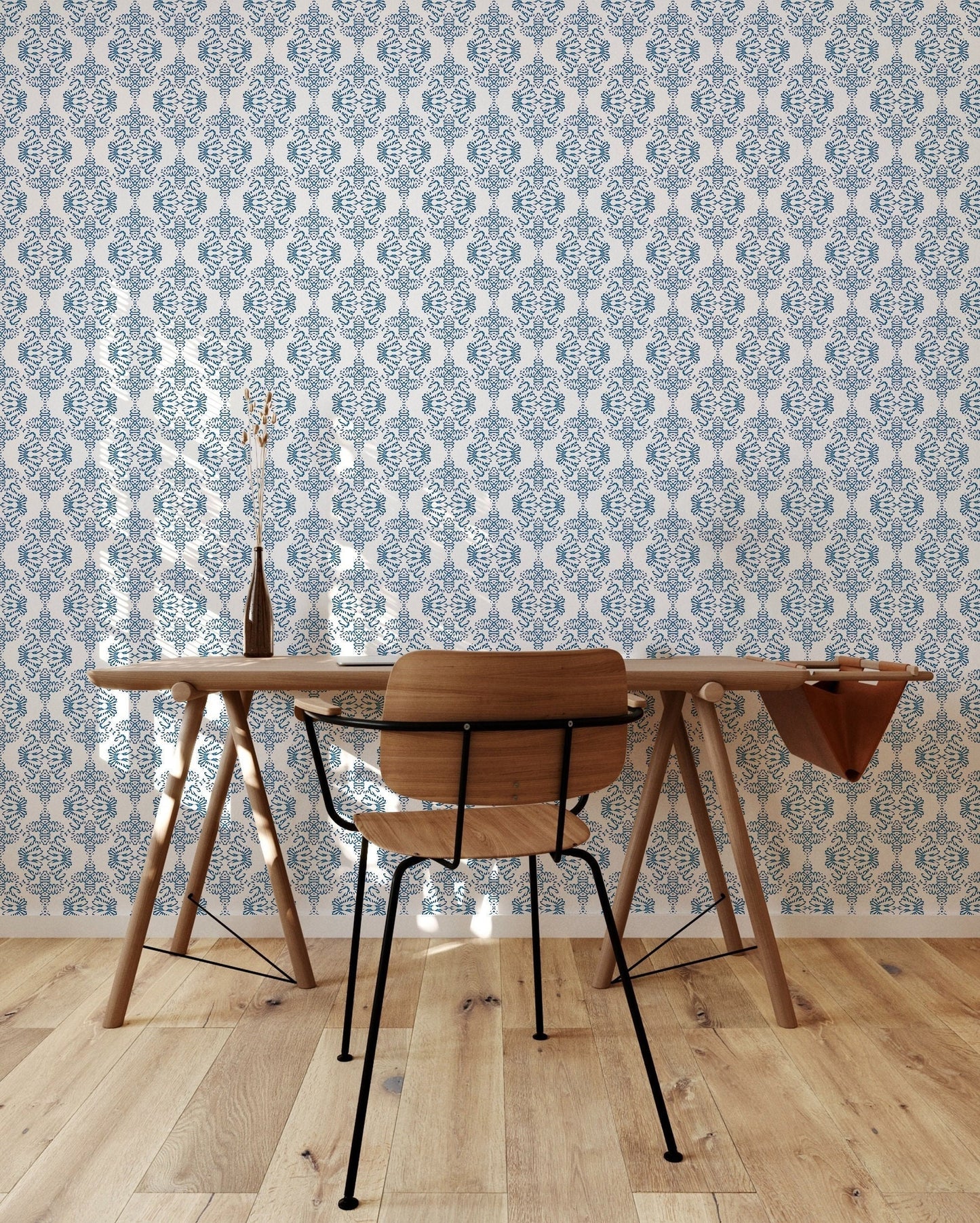 Dragon in Blue Vinyl Canvas Wallpaper - French Country Blue Geometric - Removable Reusable Peel & Stick Wallpaper Panel