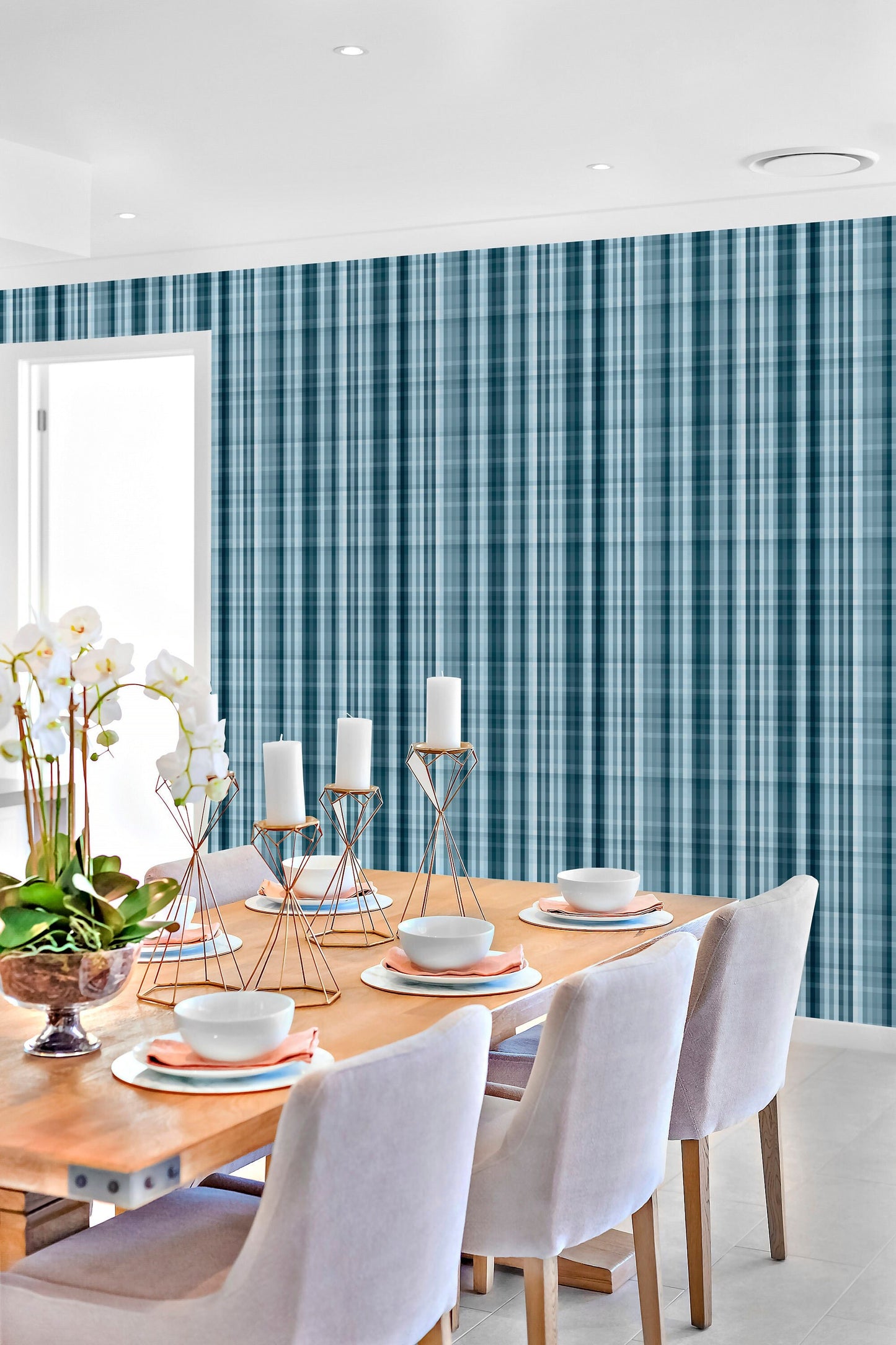 Plaid Capri Coastal Peel and Stick Wallpaper - Blue Modern Plaid - Water-Resistant Embossed Vinyl Canvas