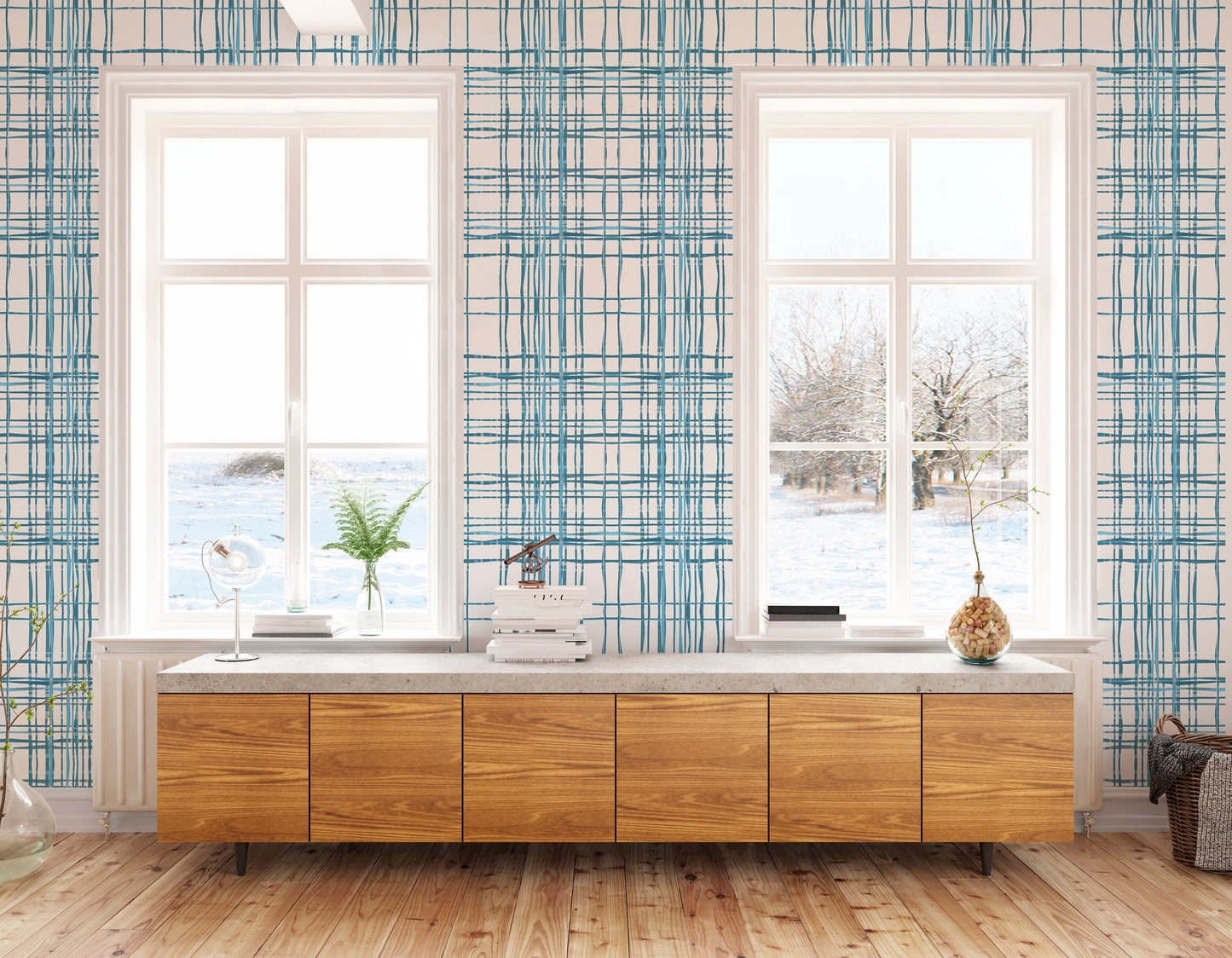 Organic Plaid Blue Vinyl Canvas Wallpaper - Modern Farmhouse Plaid - Removable Water-Resistant Peel & Stick Wallpaper Panel