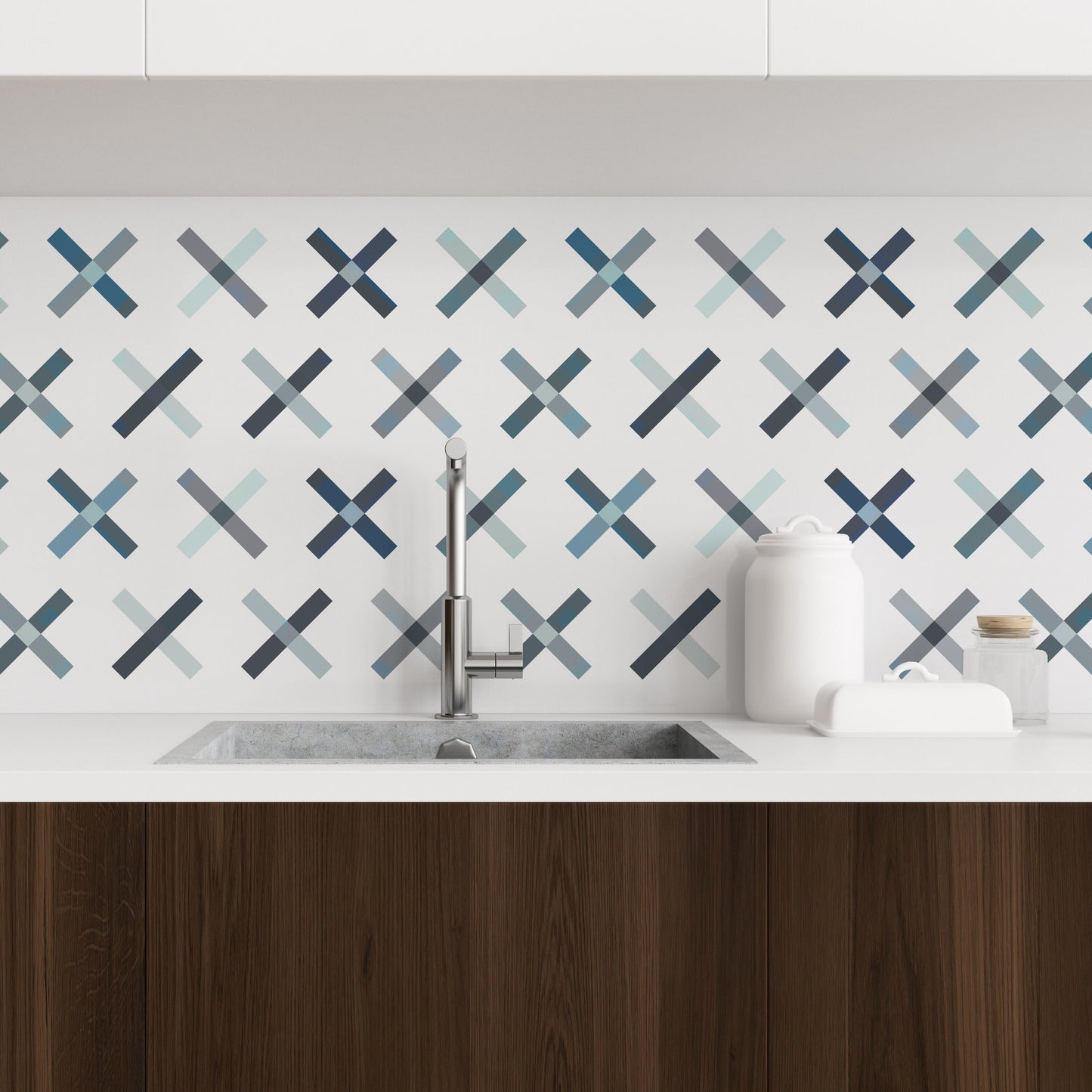 Dot Your I's Mid-Century Peel and Stick Wallpaper - Blue, Gray Geometric - Water-Resistant Embossed Vinyl Canvas