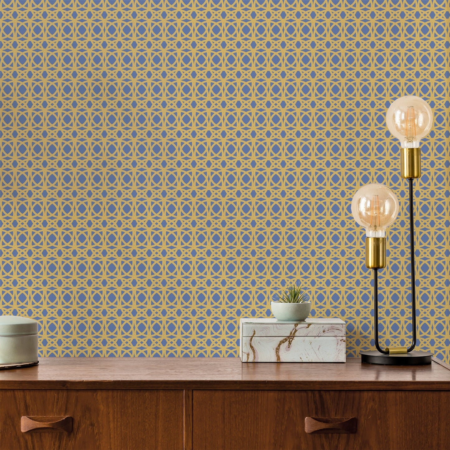 Marrakesh Vinyl Canvas Wallpaper - Navy, Gold Mid-Century Modern Glam - Removable Reusable Peel & Stick Wallpaper Panel