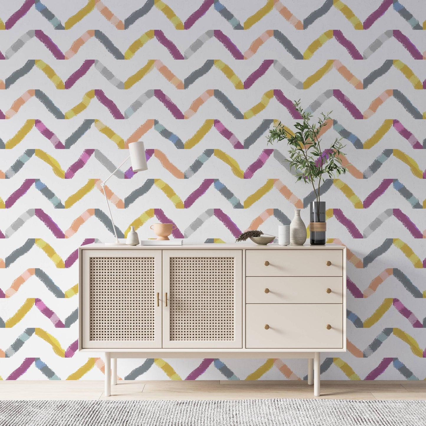 Watercolor Boho Peel and Stick Wallpaper - Purple, Yellow, Gray Chevron - Water-Resistant Embossed Vinyl Canvas