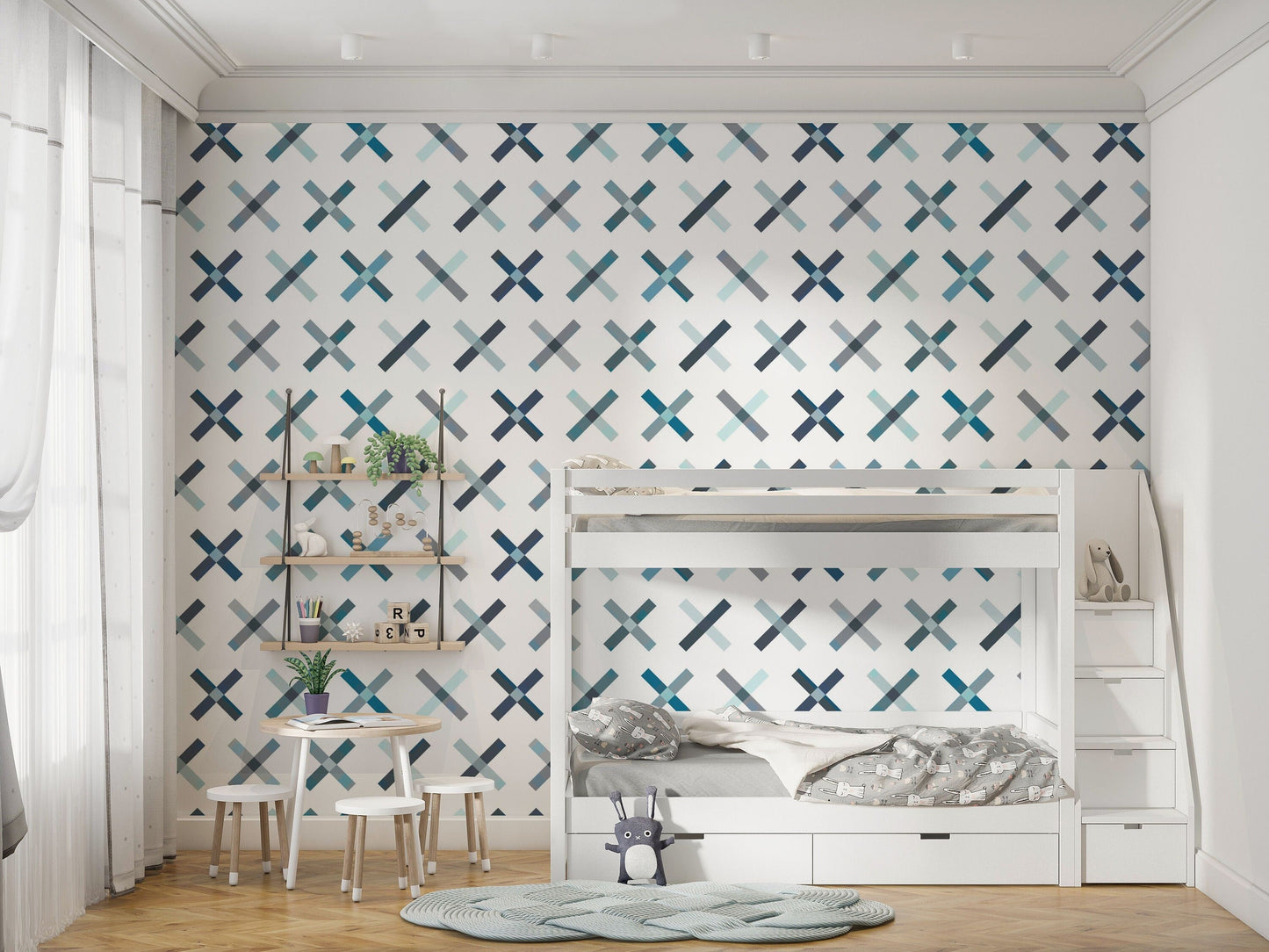 Dot Your I's Mid-Century Peel and Stick Wallpaper - Blue, Gray Geometric - Water-Resistant Embossed Vinyl Canvas