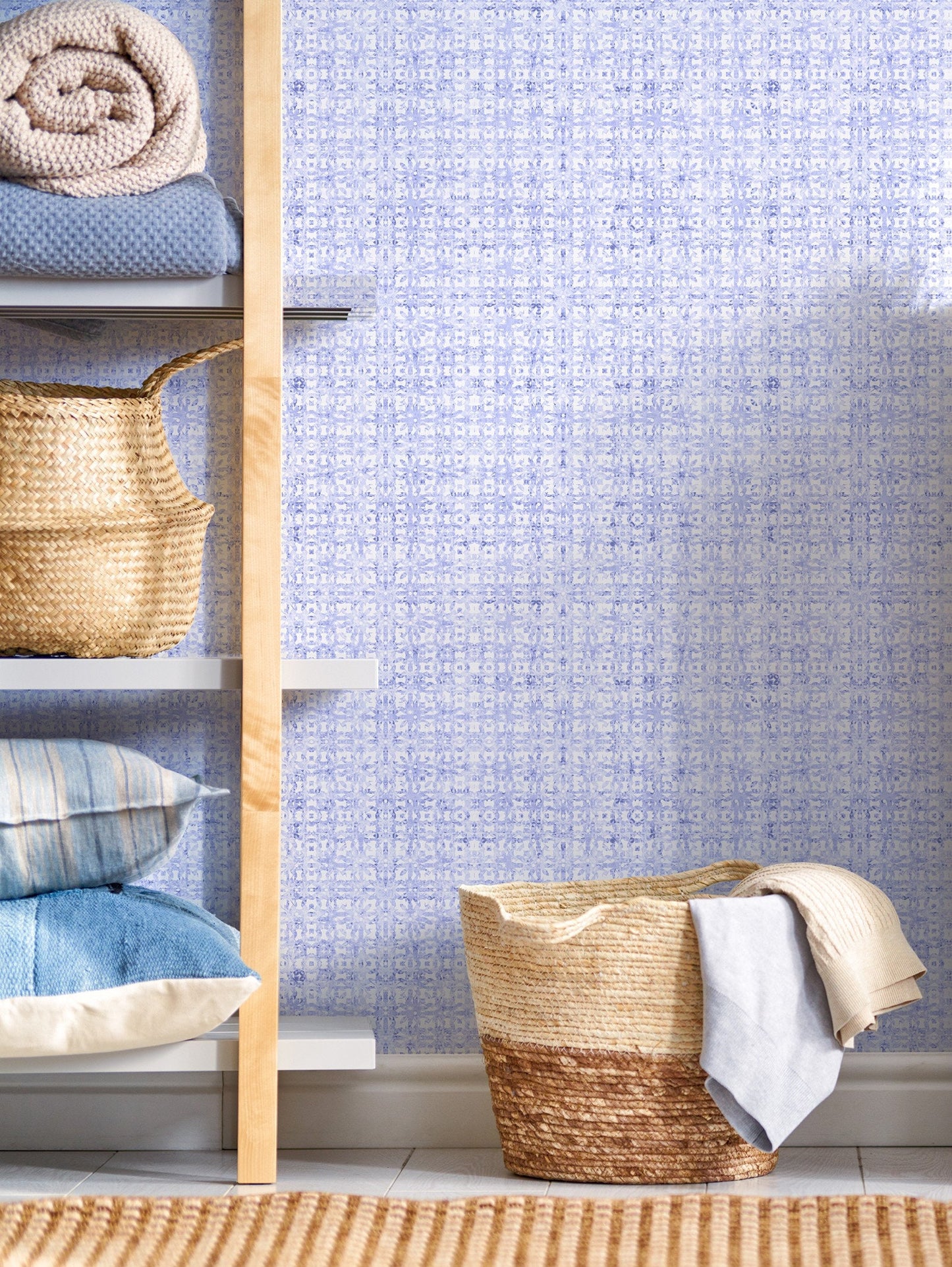 Petals French Country Peel and Stick Wallpaper - Blue, Lavender Floral - Water-Resistant Embossed Vinyl Canvas