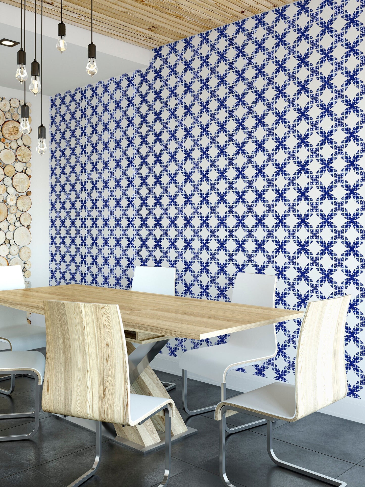Prosperity Coastal/Farmhouse Peel and Stick Wallpaper - Blue Geometric Argyle - Water-Resistant Embossed Vinyl Canvas