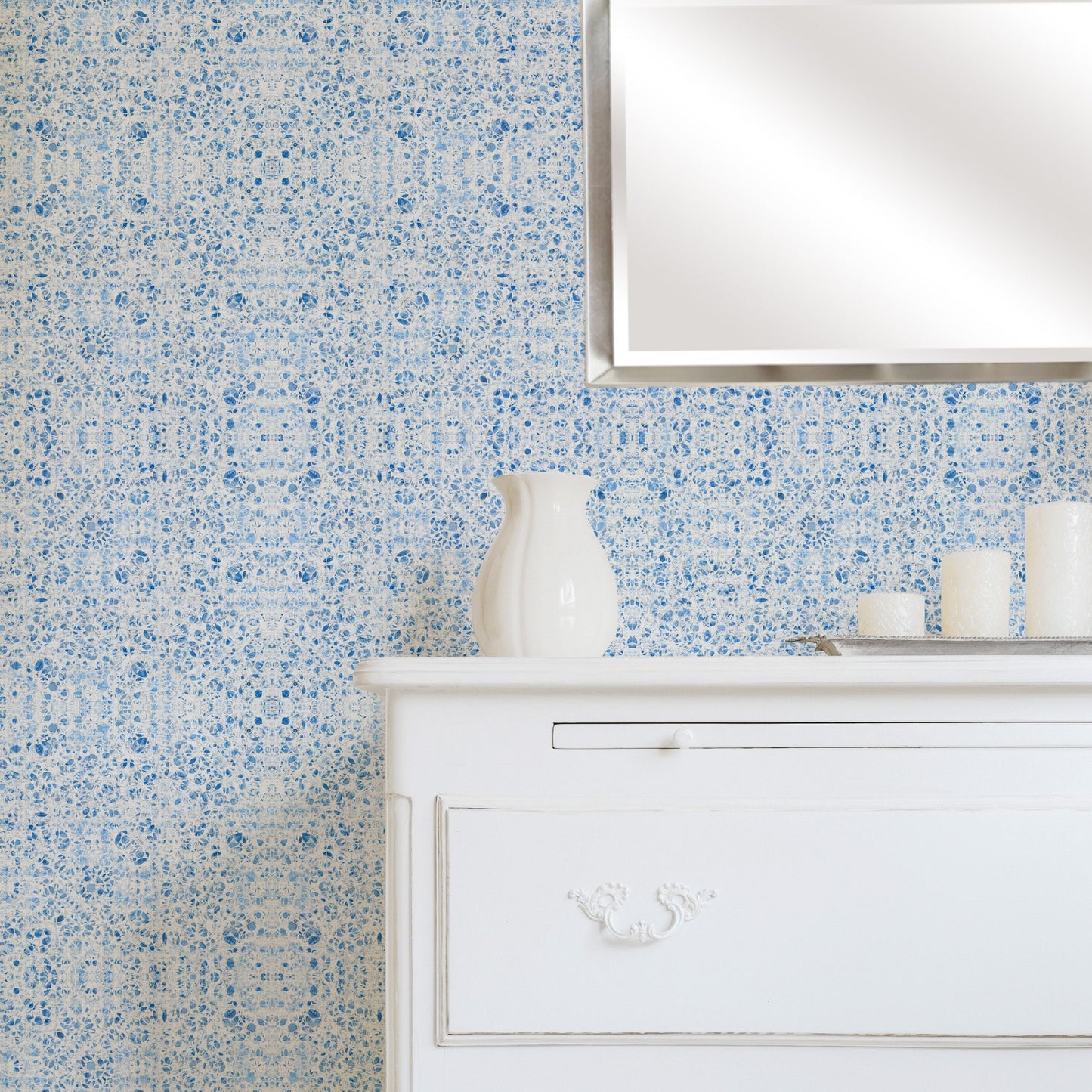 Poppies Blue Vinyl Canvas Wallpaper - French Country Floral Design - Removable Reusable Peel & Stick Wallpaper Panel