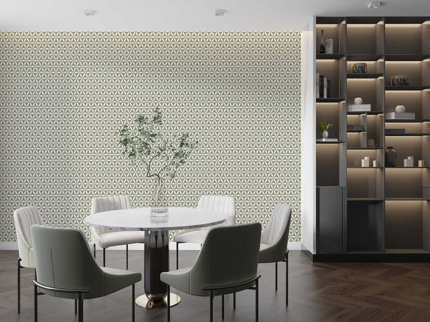 Origami 3D Mid-Century Peel and Stick Wallpaper - Sage Green & White Geometric - Water-Resistant Embossed Vinyl Canvas