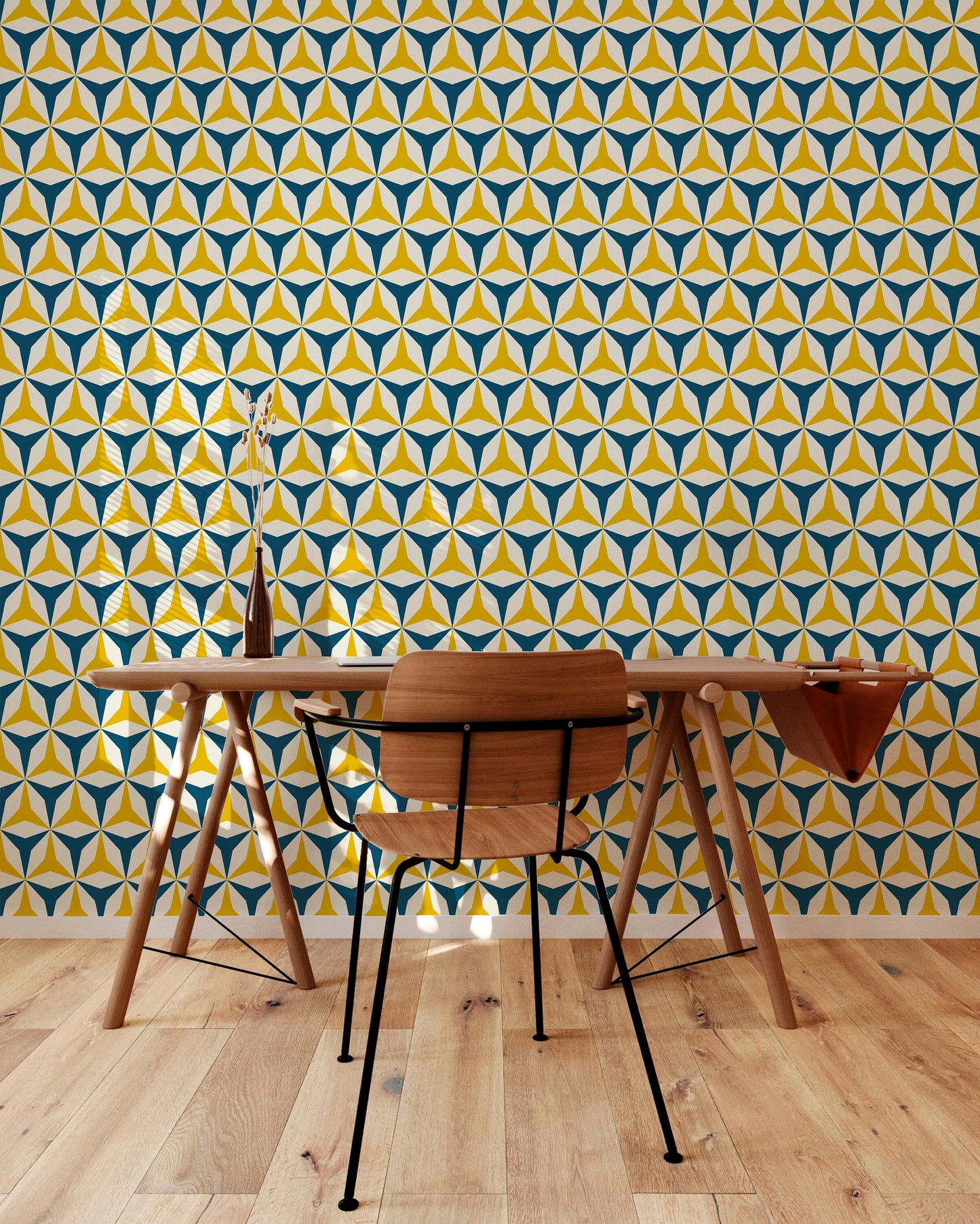 Origami Navy Blue & Yellow Mid Century Peel and Stick Wallpaper-Water-Resistant Embossed Vinyl Canvas