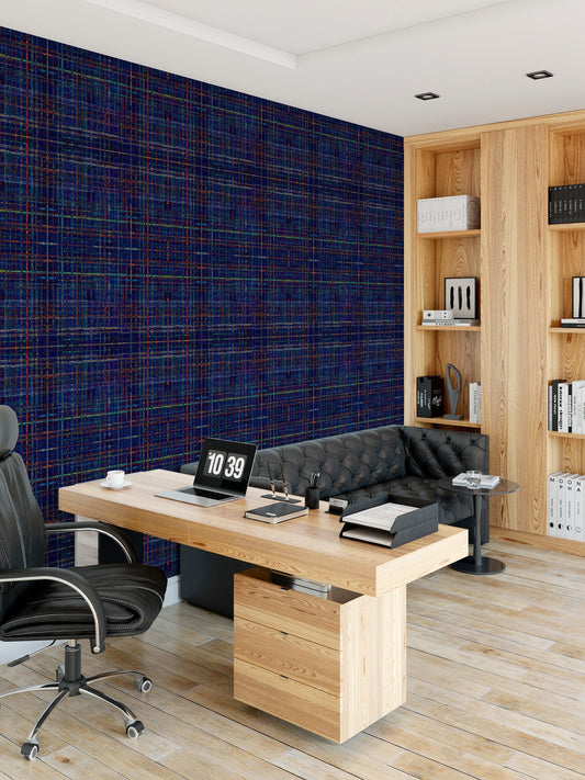 Plaid Declan Metallic Grass Cloth Wallpaper -Blue, Multi-Color Modern Plaid - Non-Pasted Commercial Grade