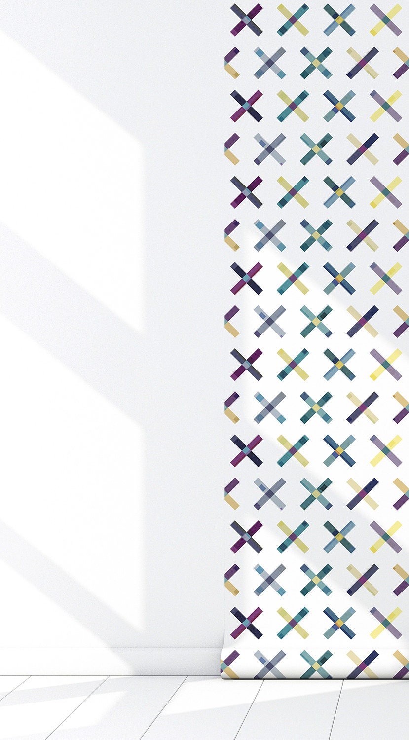 Cross Your T's Mid-Century Peel and Stick Wallpaper - Purple, Yellow, Blue Geometric - Water-Resistant Embossed Vinyl Canvas