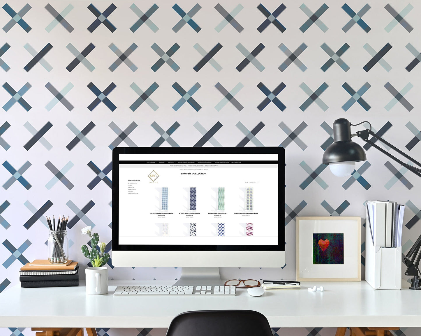 Dot Your I&#39;s Mid-Century Peel and Stick Wallpaper - Blue, Gray Geometric - Water-Resistant Embossed Vinyl Canvas