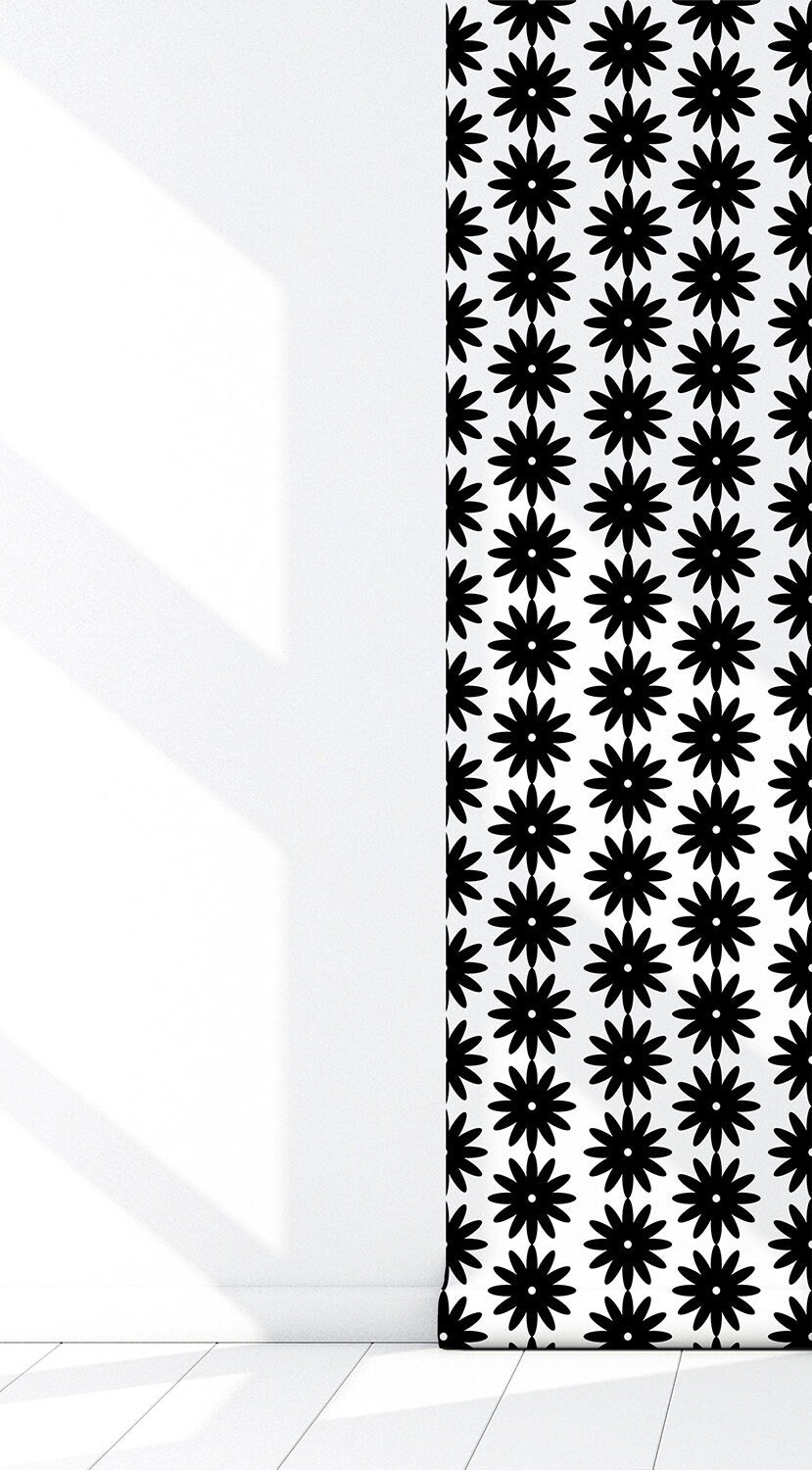 Daisies Modern Farmhouse Peel and Stick Wallpaper - Black Geometric Floral - Water-Resistant Embossed Vinyl Canvas