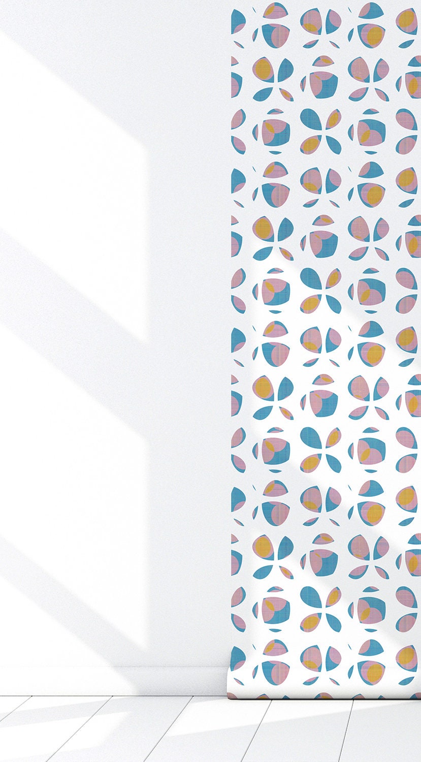 Firefly Boho Peel and Stick Wallpaper - Blue, Pink, Orange Geometric - Water-Resistant Embossed Vinyl Canvas