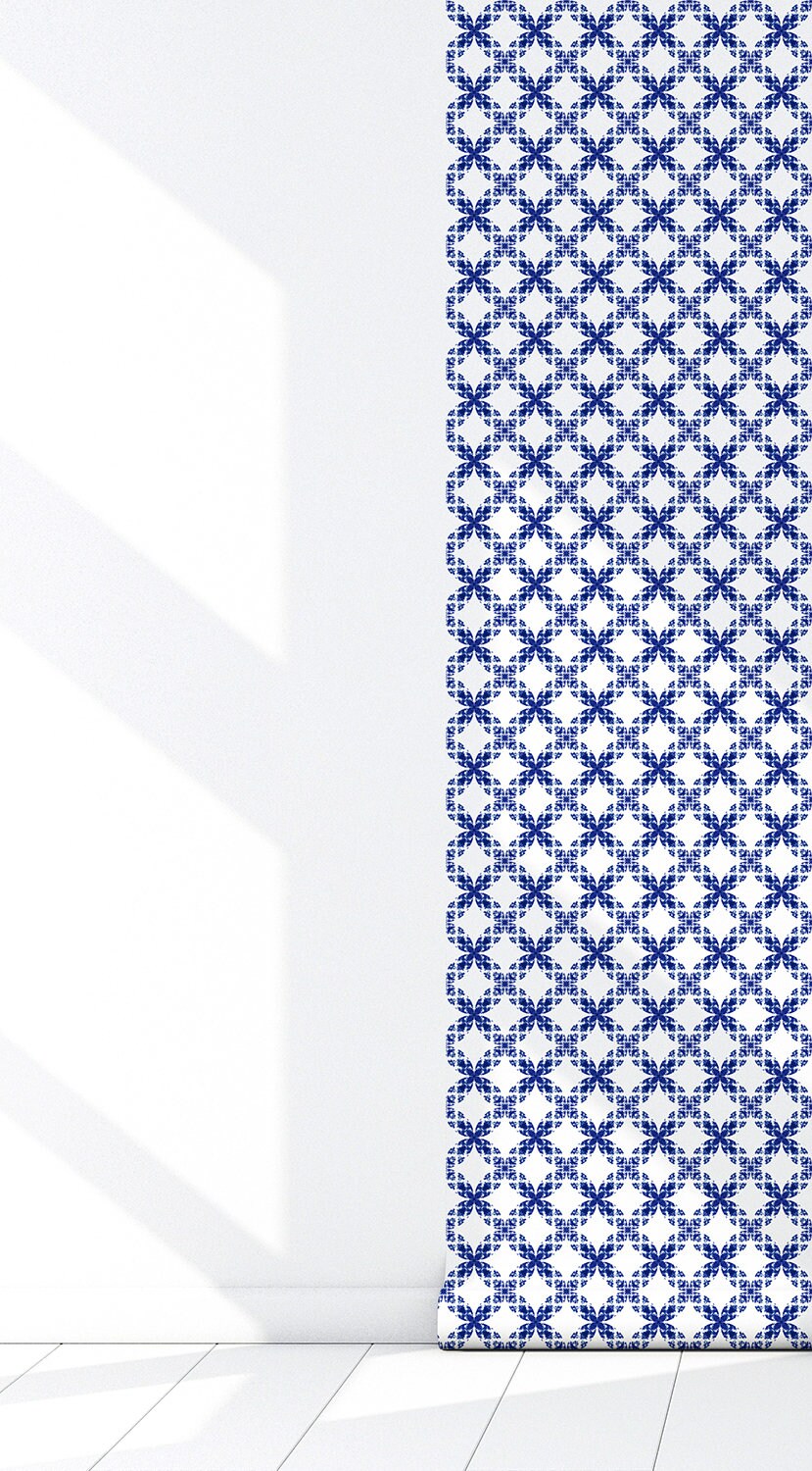 Prosperity Coastal/Farmhouse Peel and Stick Wallpaper - Blue Geometric Argyle - Water-Resistant Embossed Vinyl Canvas