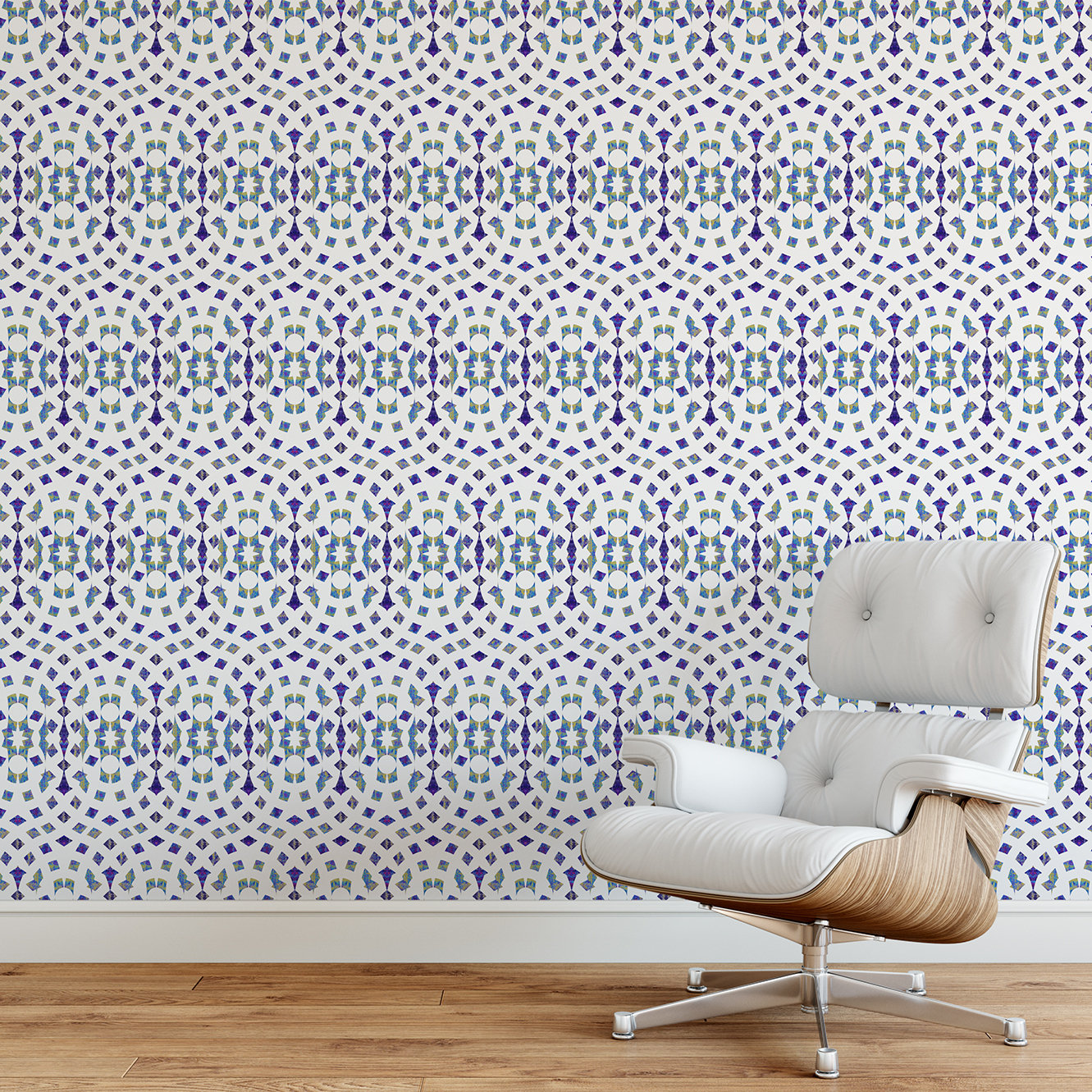 Mosaic Cathedral Mid-Century Peel and Stick Wallpaper - Blue, Purple Mosaic - Water-Resistant Embossed Vinyl Canvas