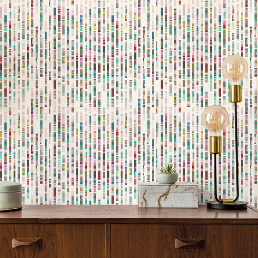 Rain Vinyl Canvas Wallpaper - Mid-Century Modern Stripes in Multi-Color - Removable Water-Resistant Peel & Stick Wallpaper Panel