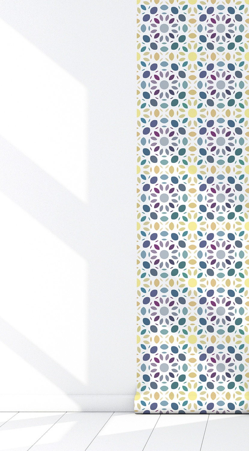 Dahlia Mosaic Vinyl Canvas Wallpaper - Yellow, Purple, Teal Mid-Century Mosaic - Removable Water-Resistant Peel & Stick Wallpaper Panel