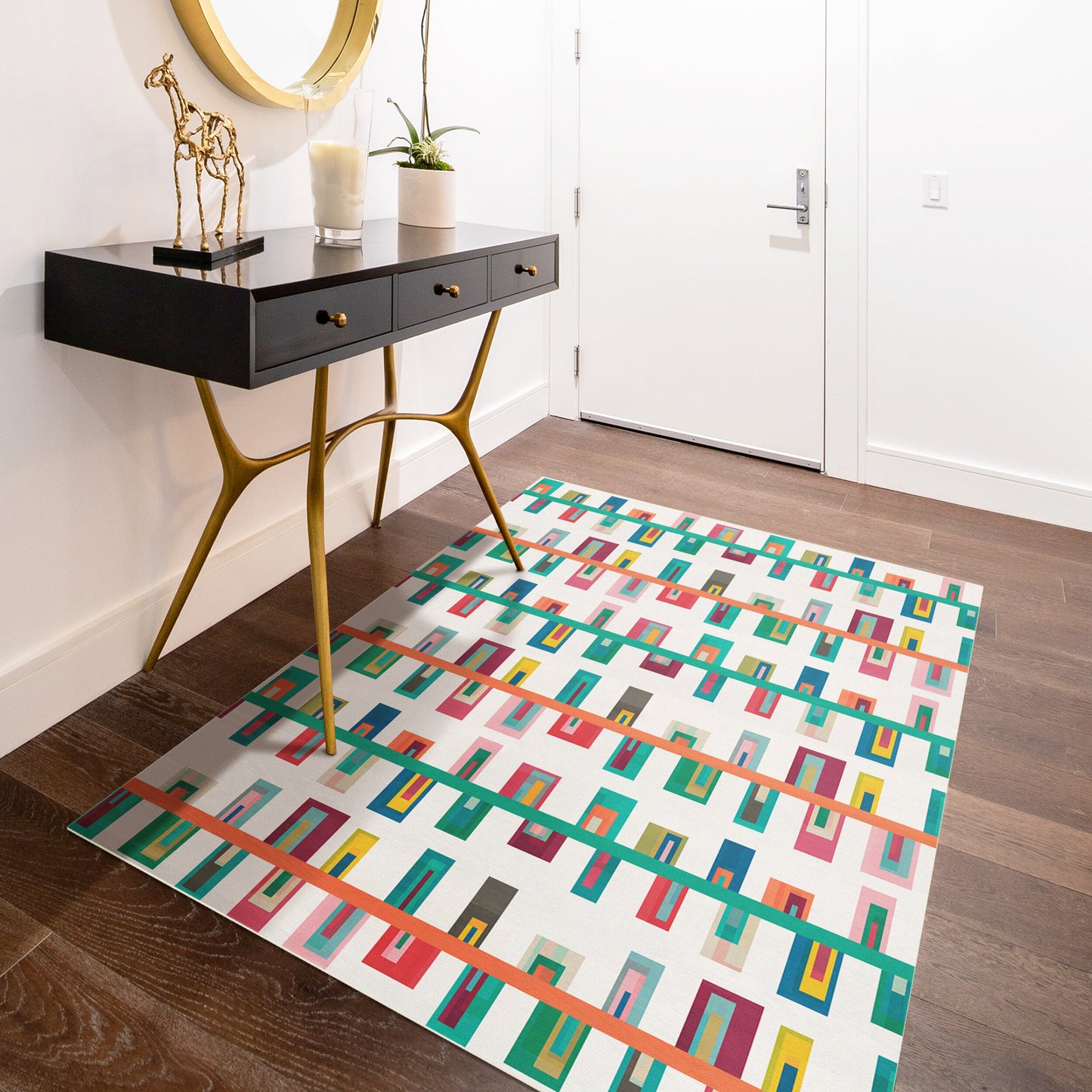 Keep Climbing Versatile Indoor/Outdoor Washable Rug - Mid-Century Multi-Color Striped - Vinyl with Non-Slip Backing