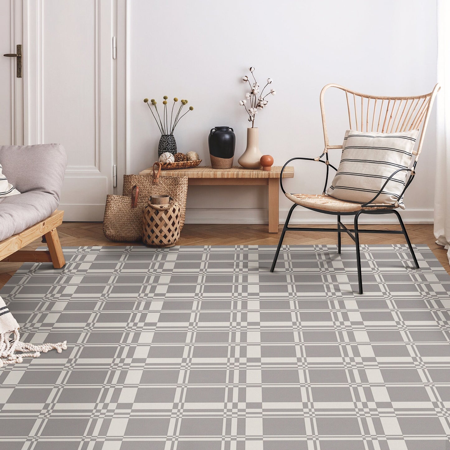 Ivy League Versatile Indoor/Outdoor Washable Rug - Gray Modern Farmhouse Plaid - Ply Vinyl with Non-Slip Latex Backing