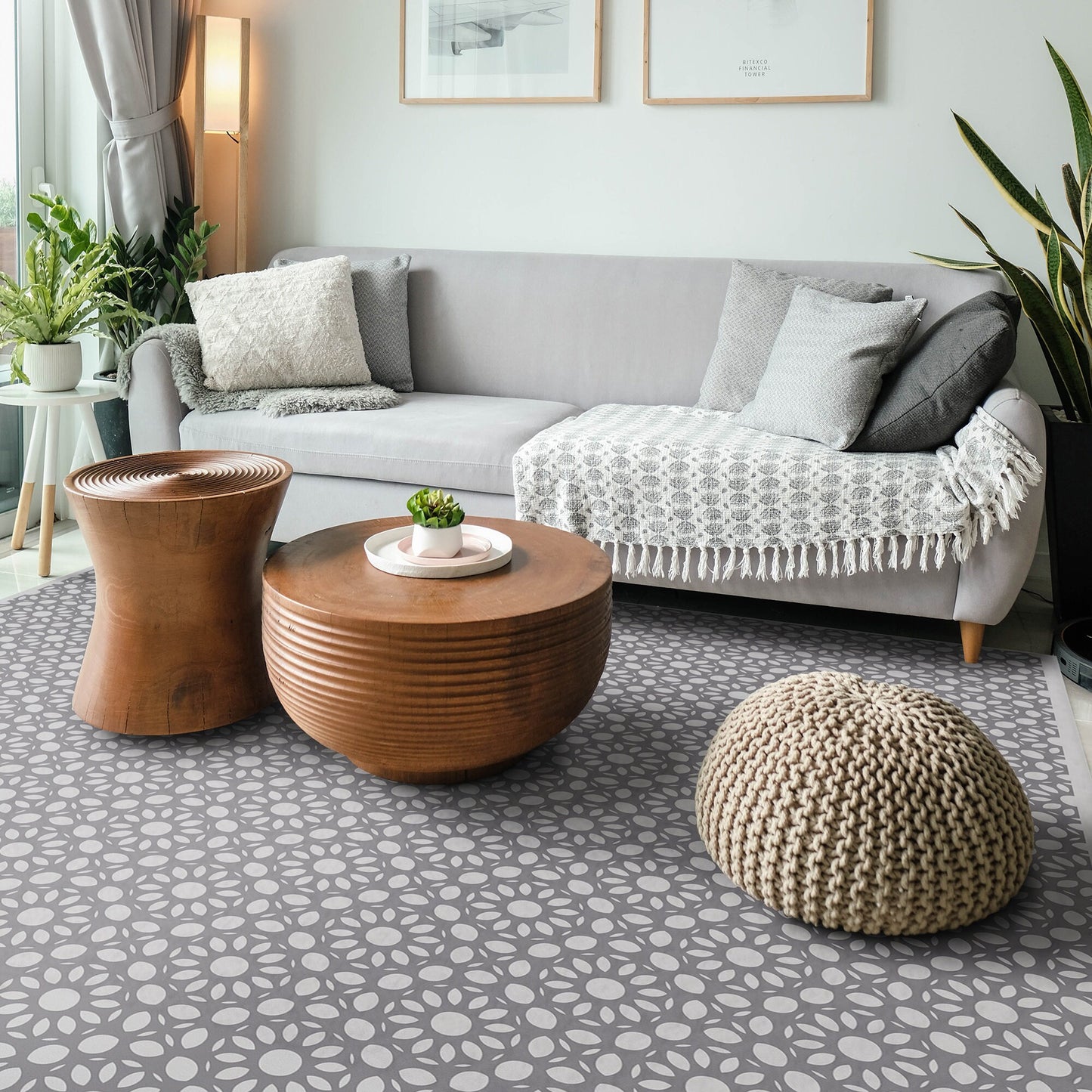 Dahlia Square Versatile Indoor/Outdoor Washable Rug - Modern Farmhouse Gray Geometric - Vinyl with Non-Slip Latex Backing