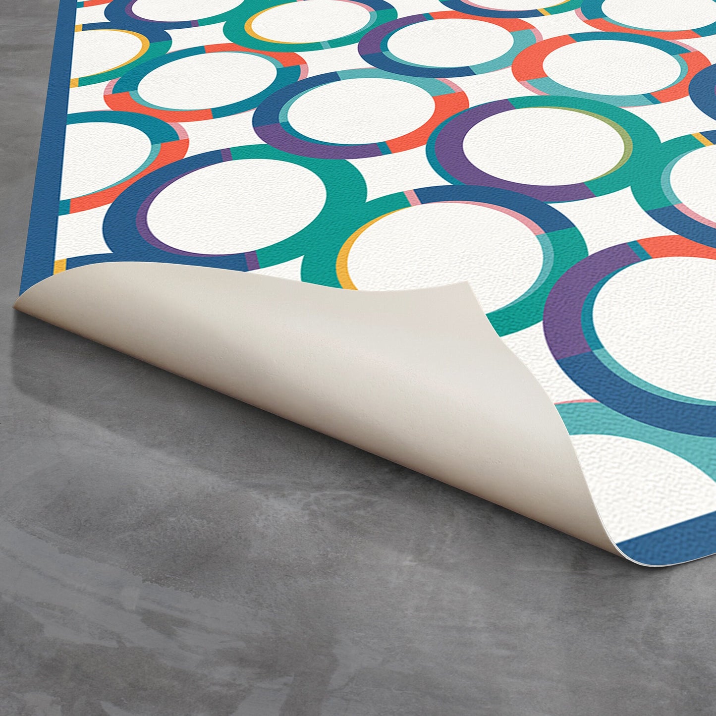 Bubbles Versatile Indoor/Outdoor Washable Rug - Blue, Orange, Teal Modern Geometric Circles - Vinyl with Non-Slip Latex Backing