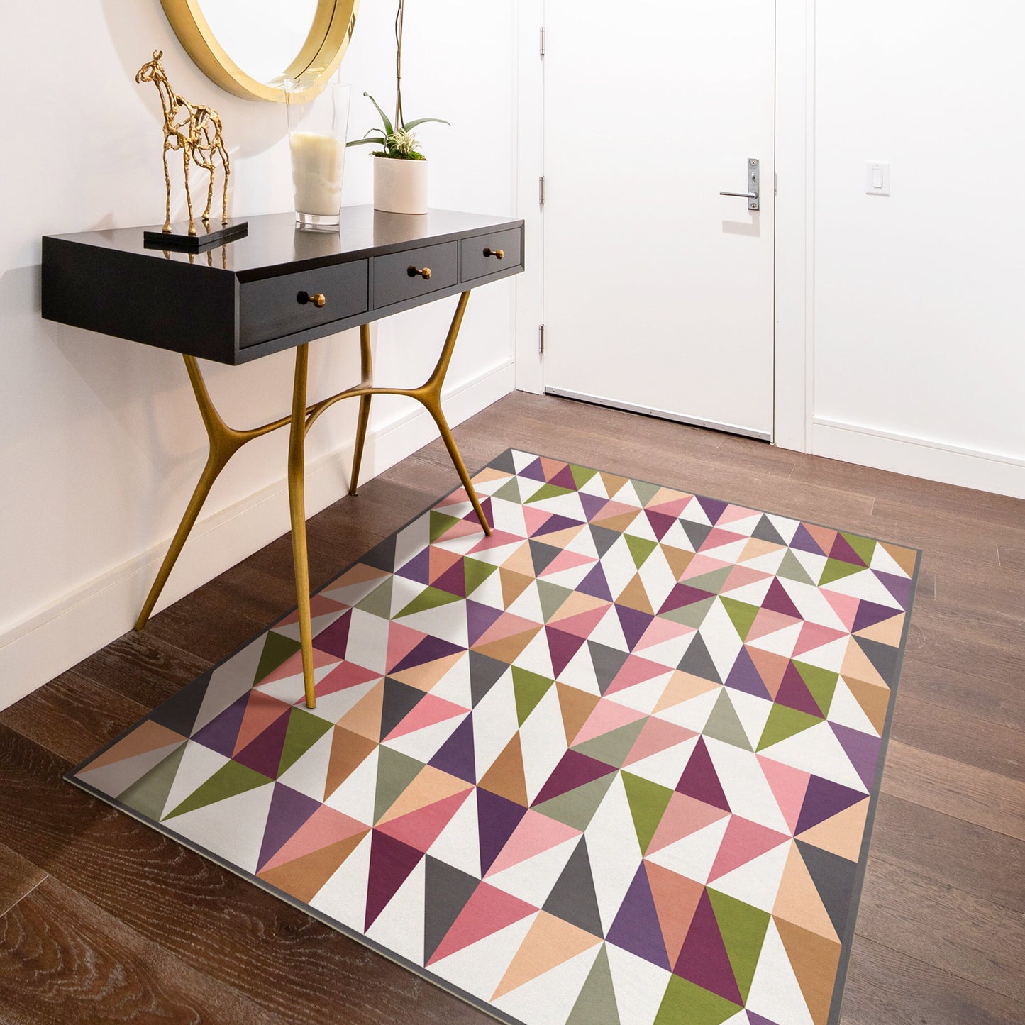 Grand Teton Versatile Indoor/Outdoor Washable Rug - Purple, Green, Tan Mid-Century Geometric - Vinyl with Non-Slip Latex Backing