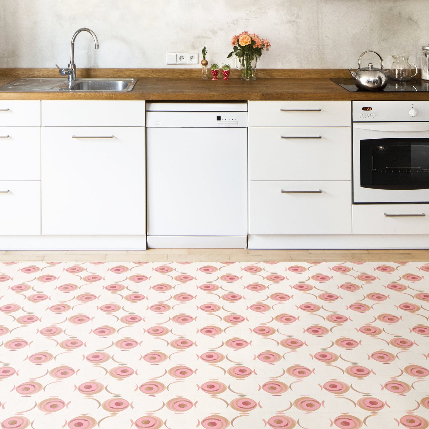 Rosebud Indoor/Outdoor Washable Floor Covering - Pink Bohemian Geometric Floral - 2-Ply Vinyl with Non-Slip Latex Backing