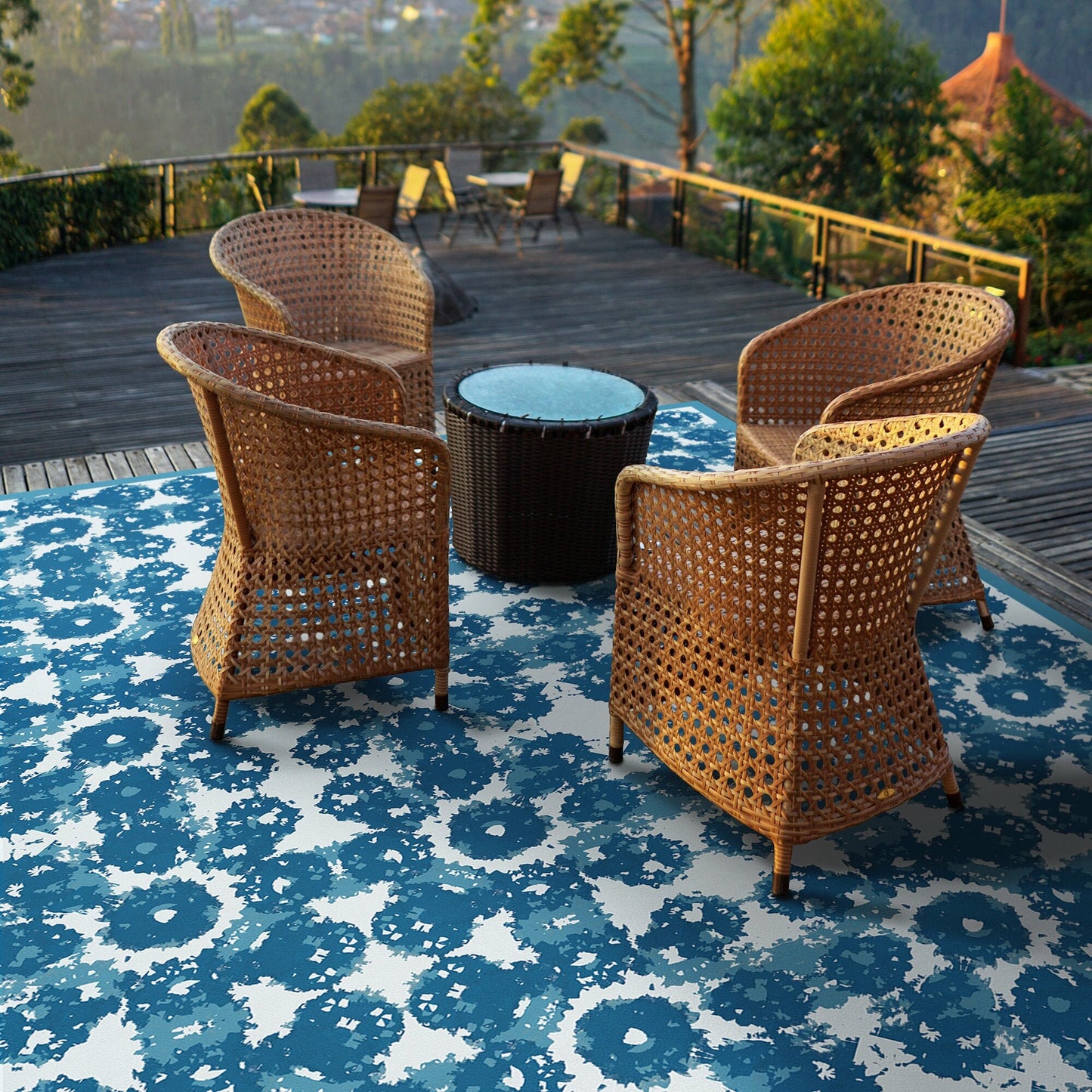 Vintage Zinnia Indoor/Outdoor Washable Floor Covering - Blue Modern Abstract - 2-Ply Vinyl with Non-Slip Latex Backing