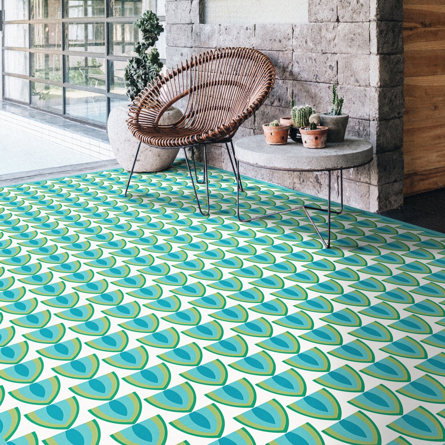 Fruit Bowl Versatile Indoor/Outdoor Washable Rug - Mid-Century Geometric Green, Blue - Vinyl with Non-Slip Latex Backing