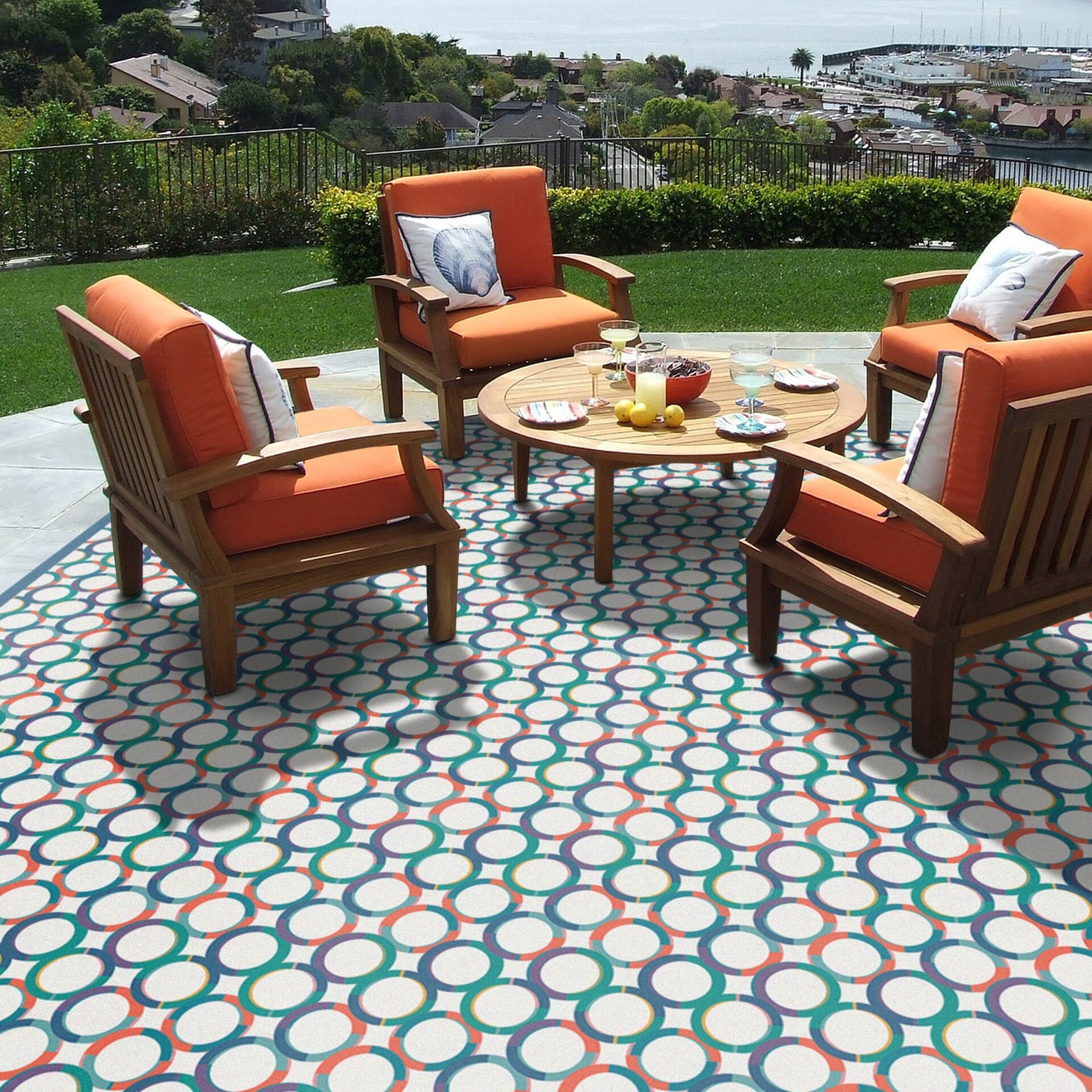 Bubbles Versatile Indoor/Outdoor Washable Rug - Blue, Orange, Teal Modern Geometric Circles - Vinyl with Non-Slip Latex Backing