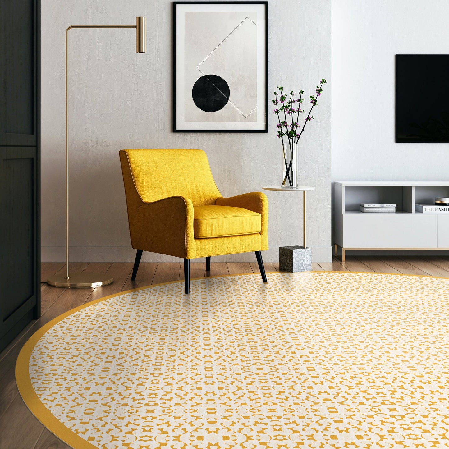 Sunglow Indoor/Outdoor Washable Floor Covering - Yellow, Orange Mid-Century - 2-Ply Vinyl with Non-Slip Latex Backing