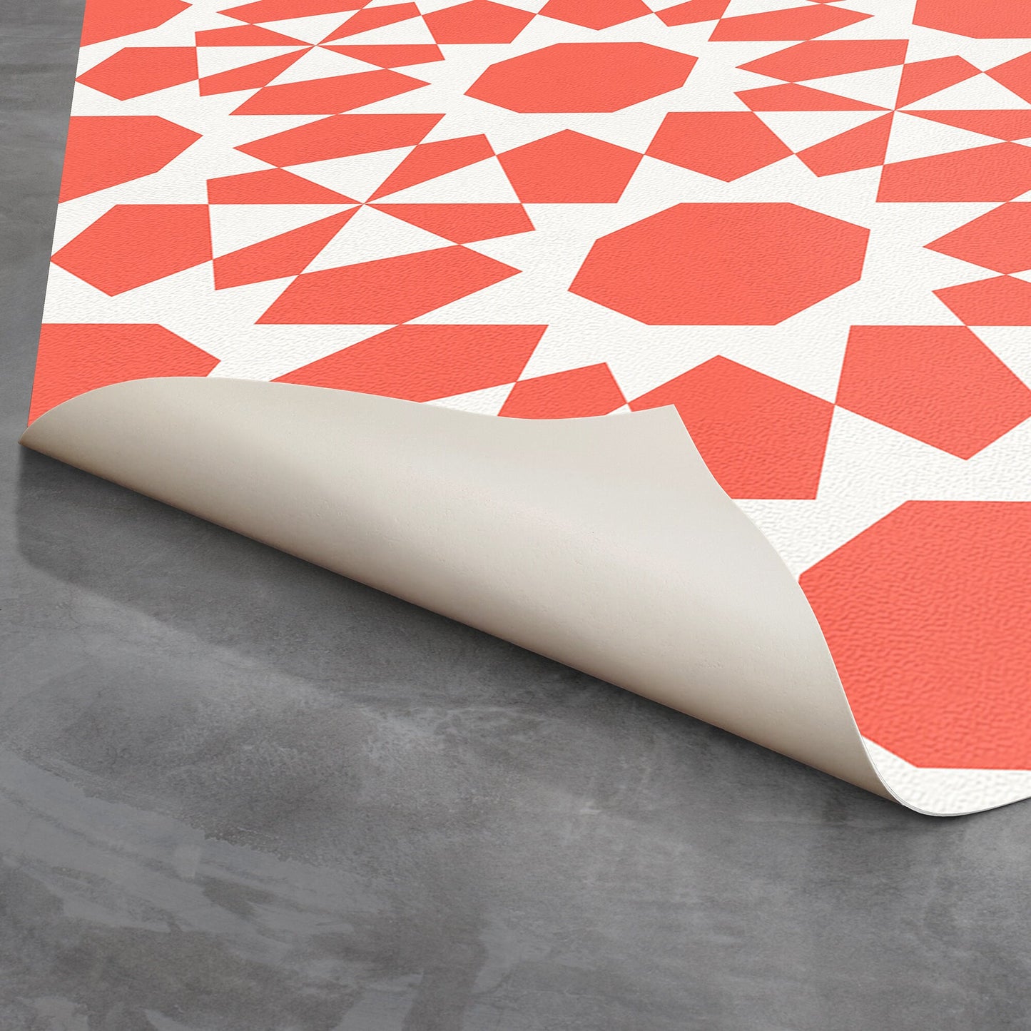 Tan Lines Indoor/Outdoor Washable Floor Covering - Orange, Coral Mid-Century Geometric - 2-Ply Vinyl with Non-Slip Latex Backing