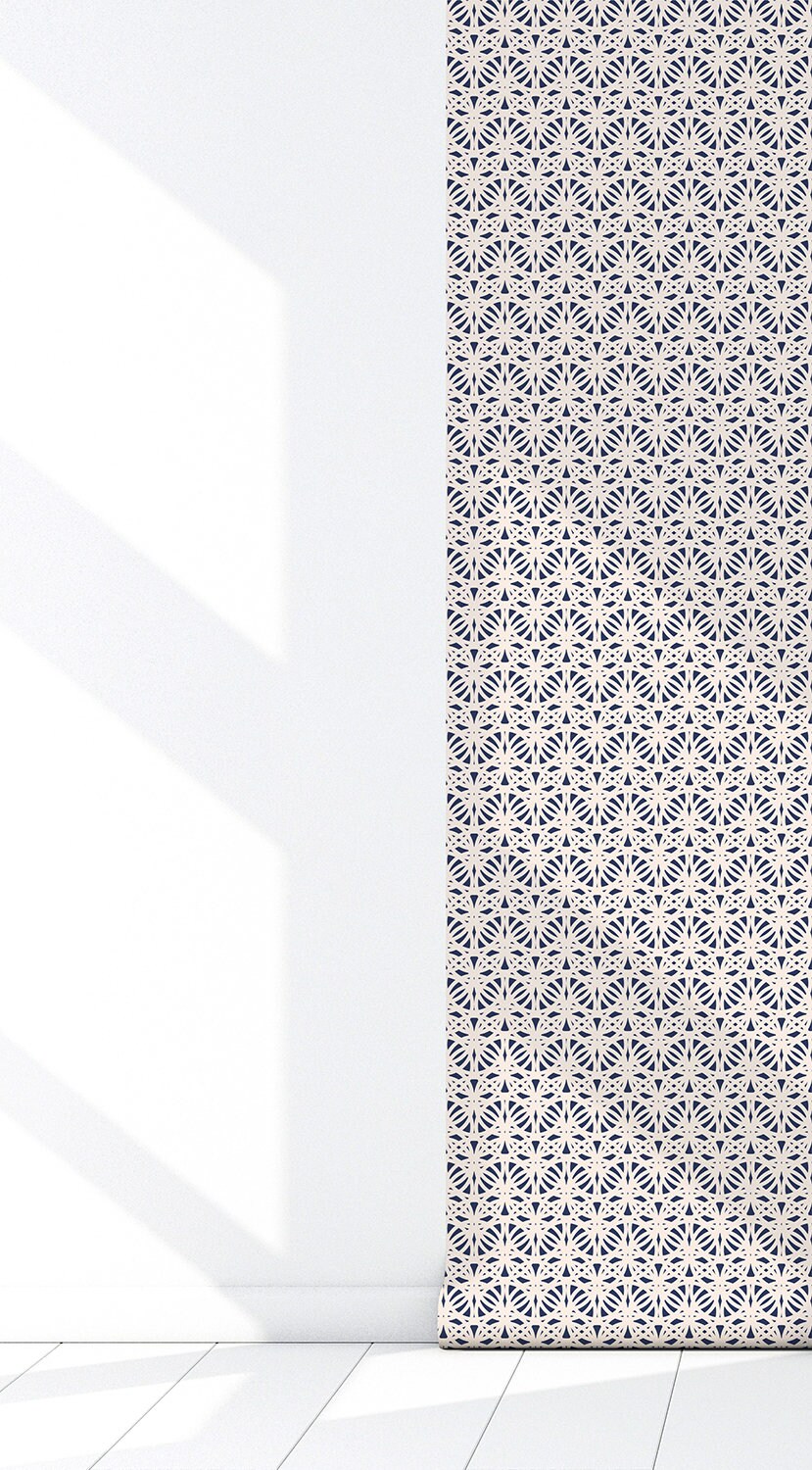 Morocco French Country Peel and Stick Wallpaper Panel - Navy, White Lattice - Water-Resistant Embossed Vinyl Canvas