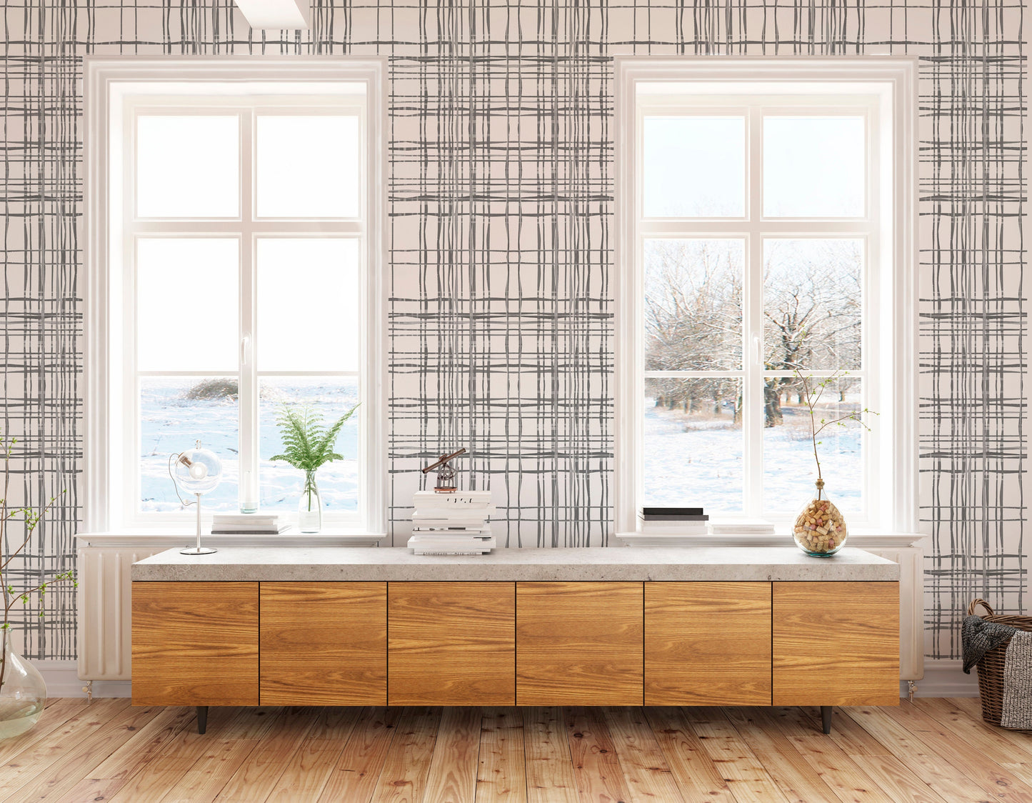 Organic Plaid Farmhouse Peel and Stick Wallpaper - Gray Modern Plaid - Water-Resistant Embossed Vinyl Canvas