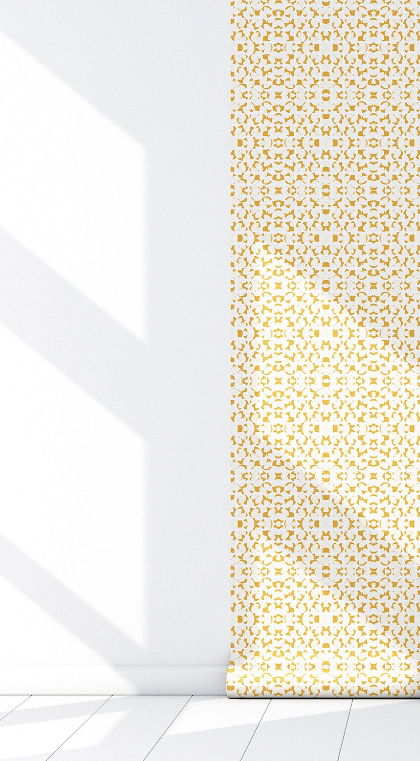 Seashells Coastal Peel and Stick Wallpaper - Yellow Floral Geometric - Water-Resistant Embossed Vinyl Canvas