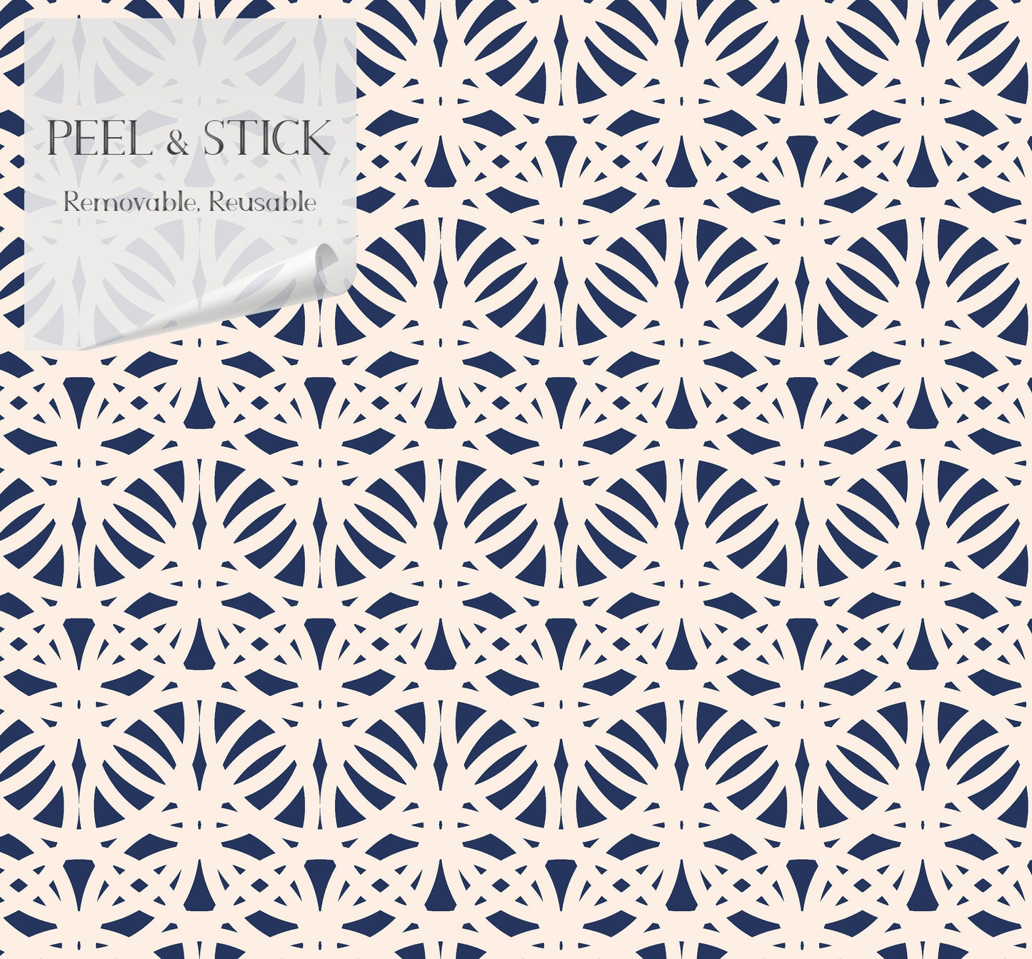 Morocco French Country Peel and Stick Wallpaper Panel - Navy, White Lattice - Water-Resistant Embossed Vinyl Canvas